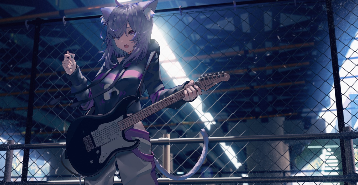 animal_ears guitar hololive hololive_gamers nekomata_okayu nekomimi susukawa_(susucawa) tail