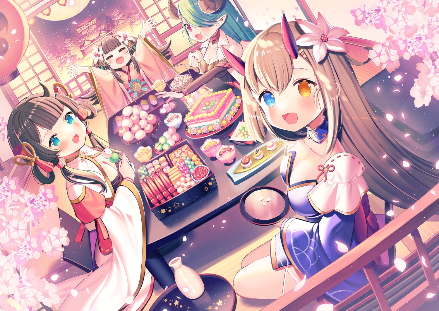 cleavage garter heterochromia horns ikari japanese_clothes pointy_ears sake