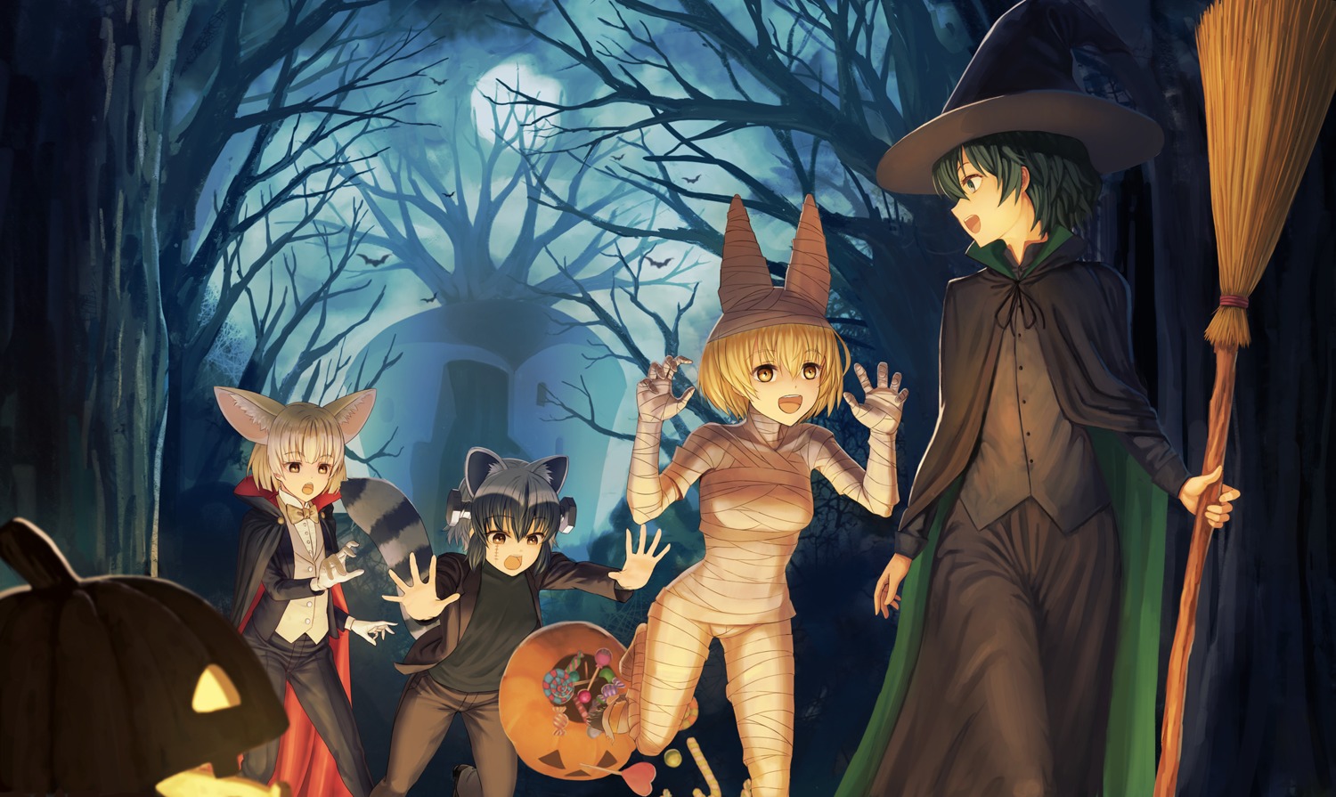 animal_ears bandages common_raccoon fennec_(kemono_friends) halloween kaban_(kemono_friends) kemono_friends serval sion_(9117) tail witch