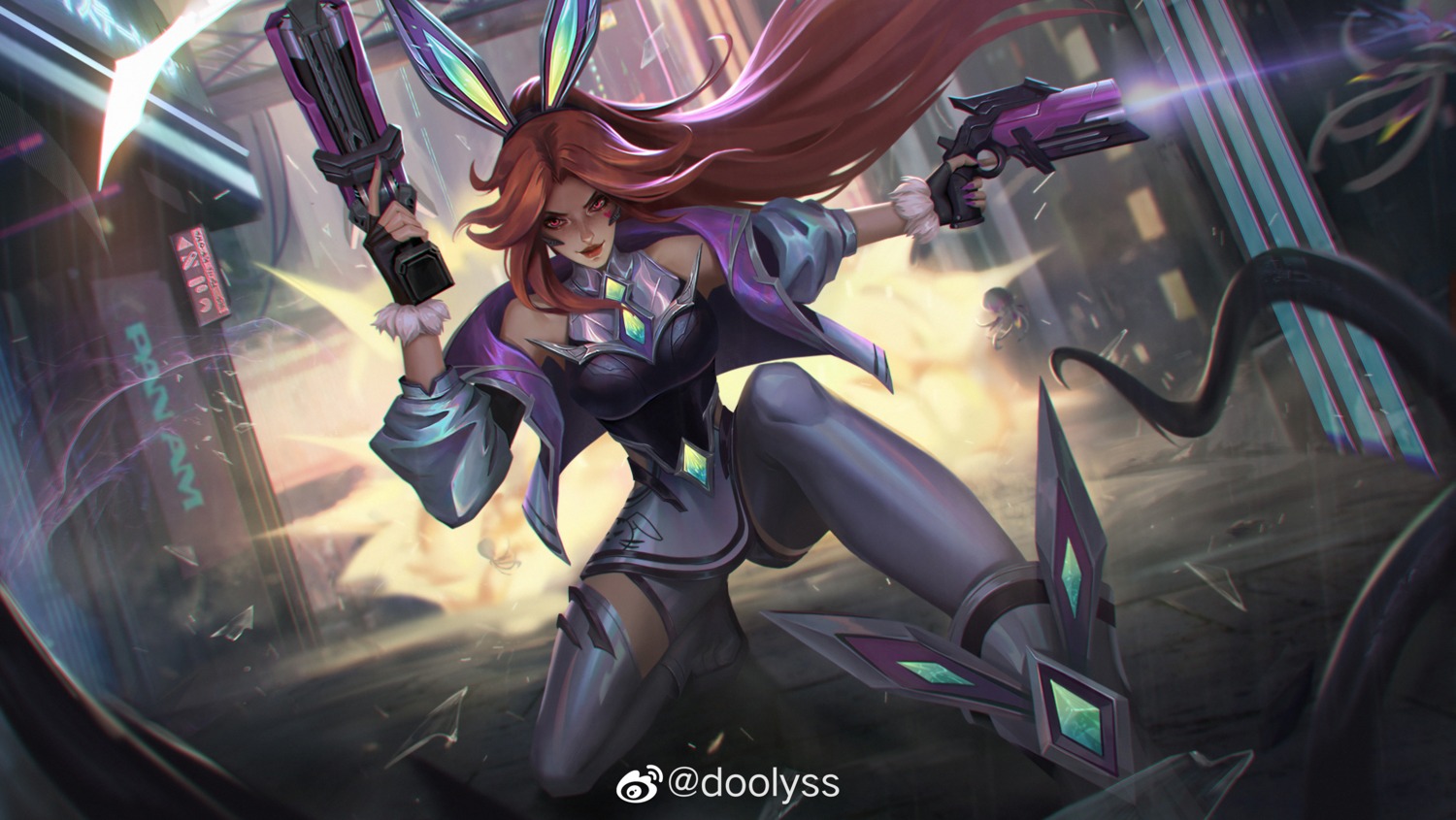 animal_ears armor bunny_ears doolyss gun league_of_legends miss_fortune thighhighs watermark