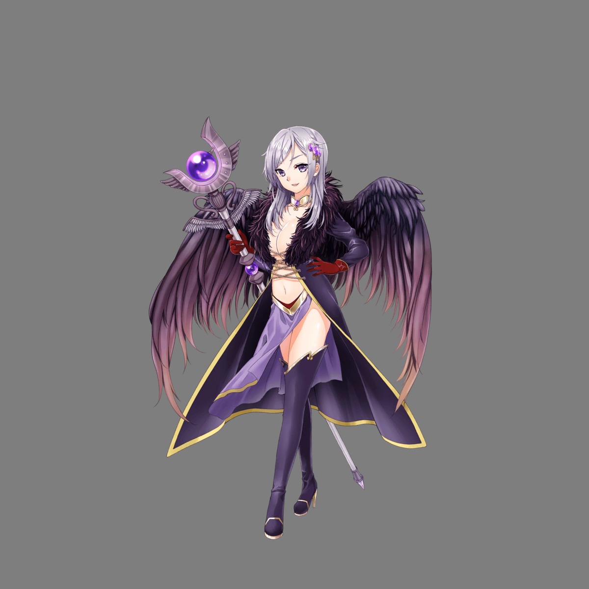 cleavage heels hoshi_no_girls_odyssey no_bra open_shirt thighhighs transparent_png weapon wings