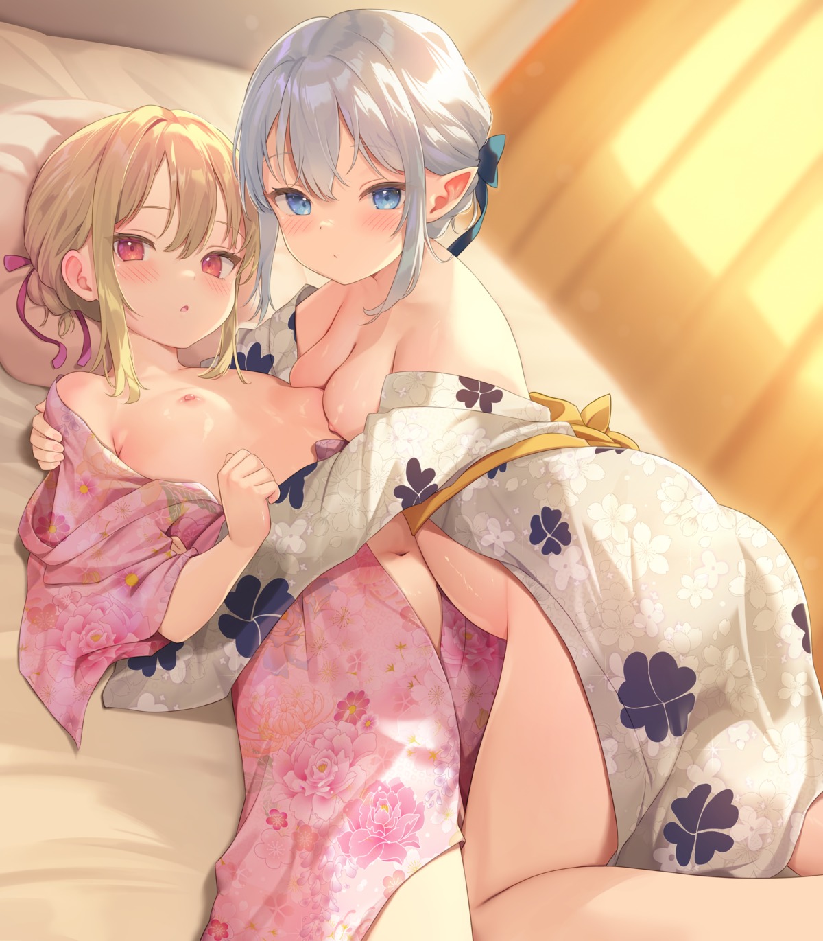 ass breasts goldowl loli nipples no_bra nopan open_shirt pointy_ears yukata