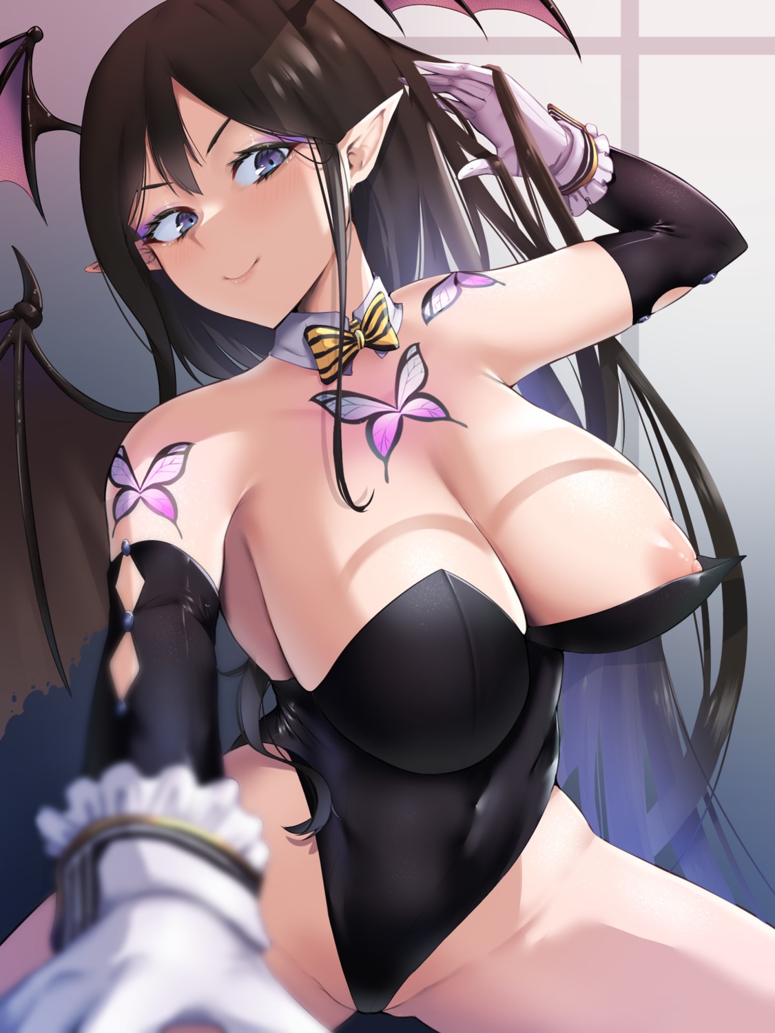 breasts devil enryuu_(rmxs3488) leotard nipples no_bra pointy_ears tattoo wings