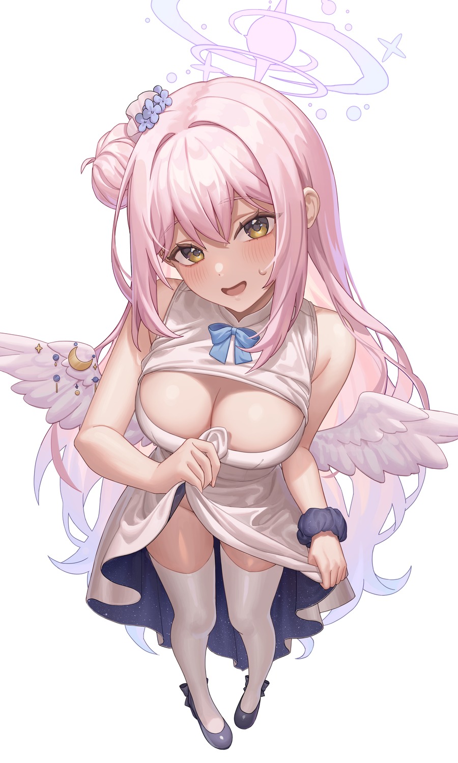 angel blue_archive misono_mika no_bra raki_kr shirt_lift skirt_lift thighhighs wings