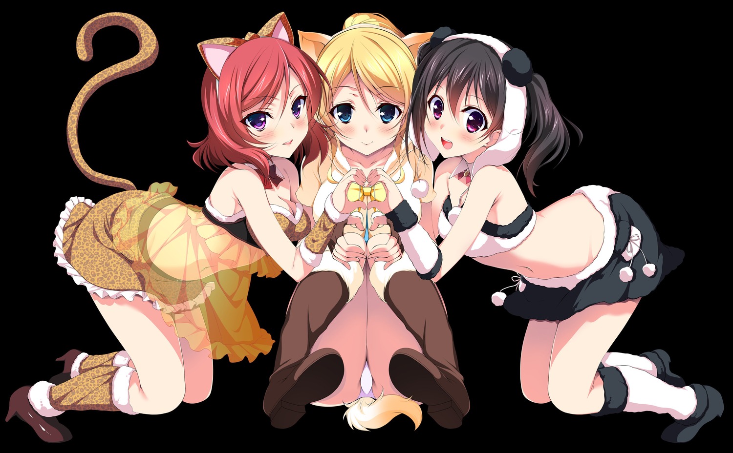 animal_ears ayase_eli heels love_live! ninoko nishikino_maki pantsu see_through skirt_lift tail thong yazawa_nico