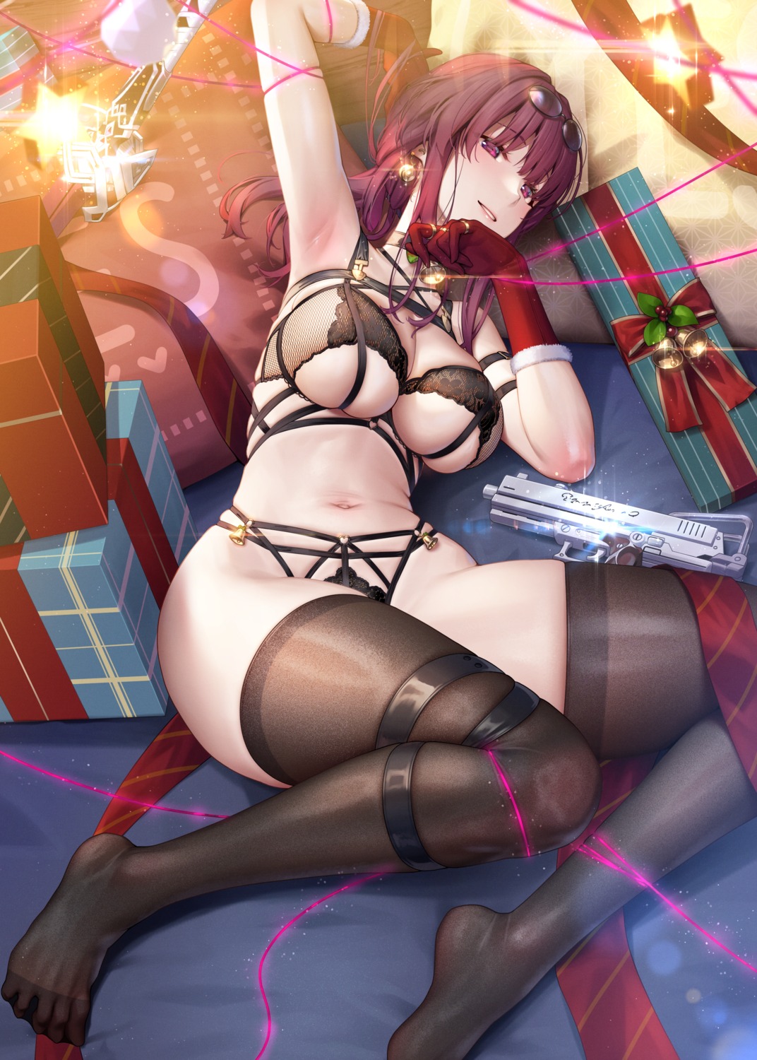 bondage bra christmas garter gun honkai:_star_rail kafka_(honkai:_star_rail) lingerie megane pantsu remana sword thighhighs