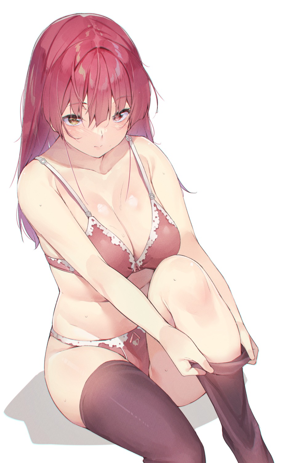 bra cleavage heterochromia hololive houshou_marine koubou_(cowbow_kun) pantsu thighhighs undressing