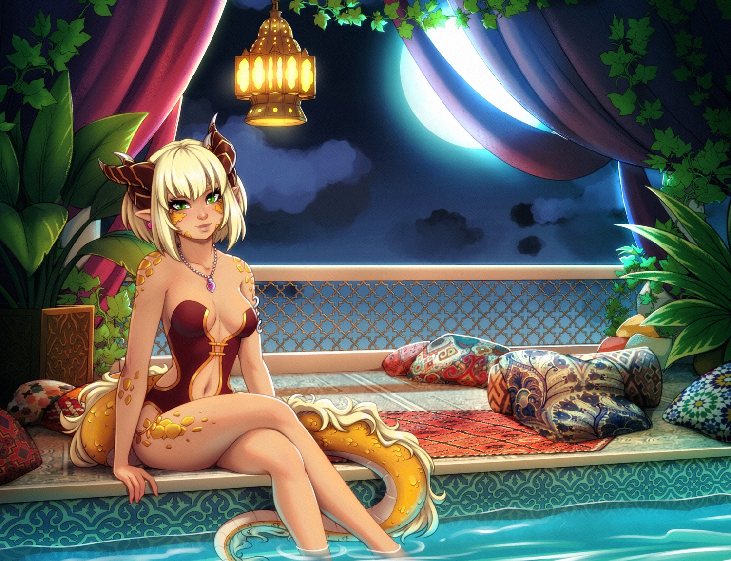 horns monster_girl pointy_ears swimsuits tail zliva