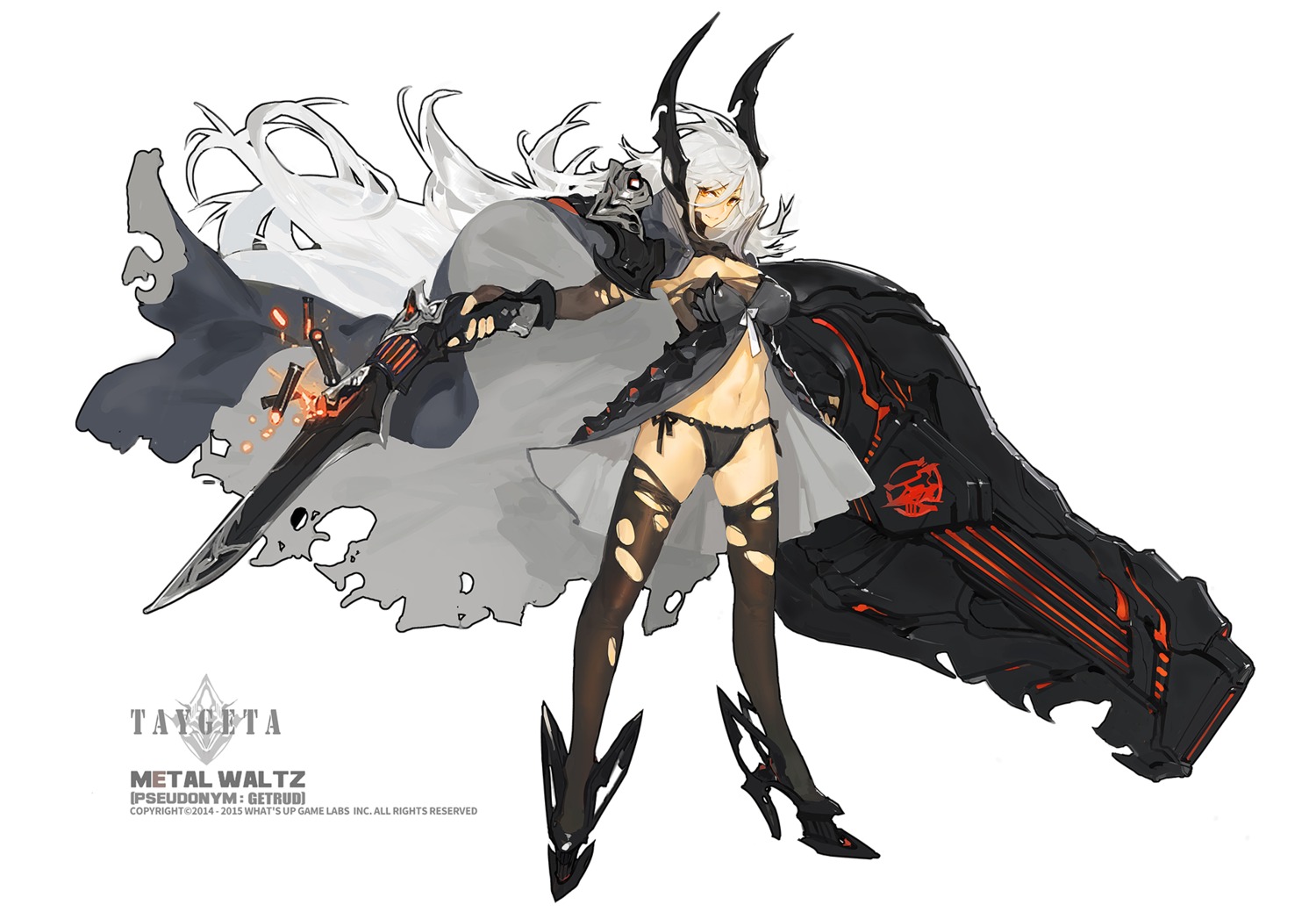 armor cleavage erect_nipples gun heels kishiyo metal_waltz pantsu string_panties thighhighs torn_clothes weapon