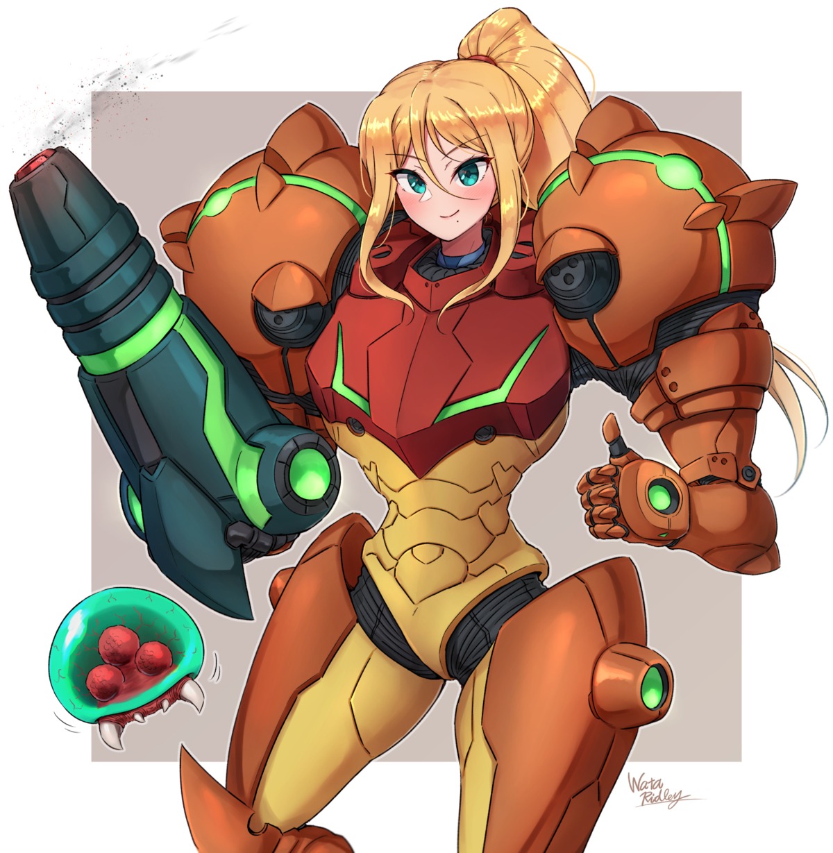 armor bodysuit metroid metroid_(creature) samus_aran wata_ridley weapon