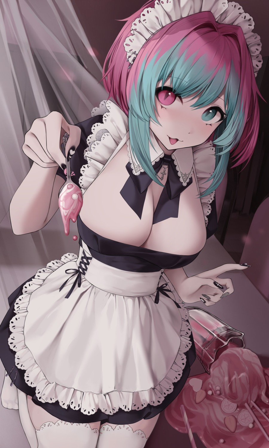 heterochromia indie_virtual_youtuber maid no_bra thighhighs waytok