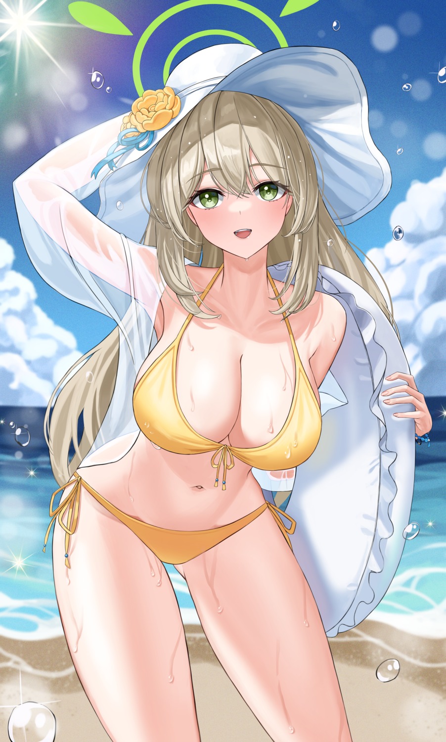 bikini blue_archive halo izayoi_nonomi nyanbutter open_shirt see_through swimsuits wet wet_clothes