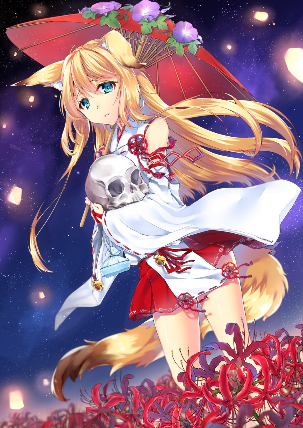 animal_ears jiiwara kitsune miko tail umbrella