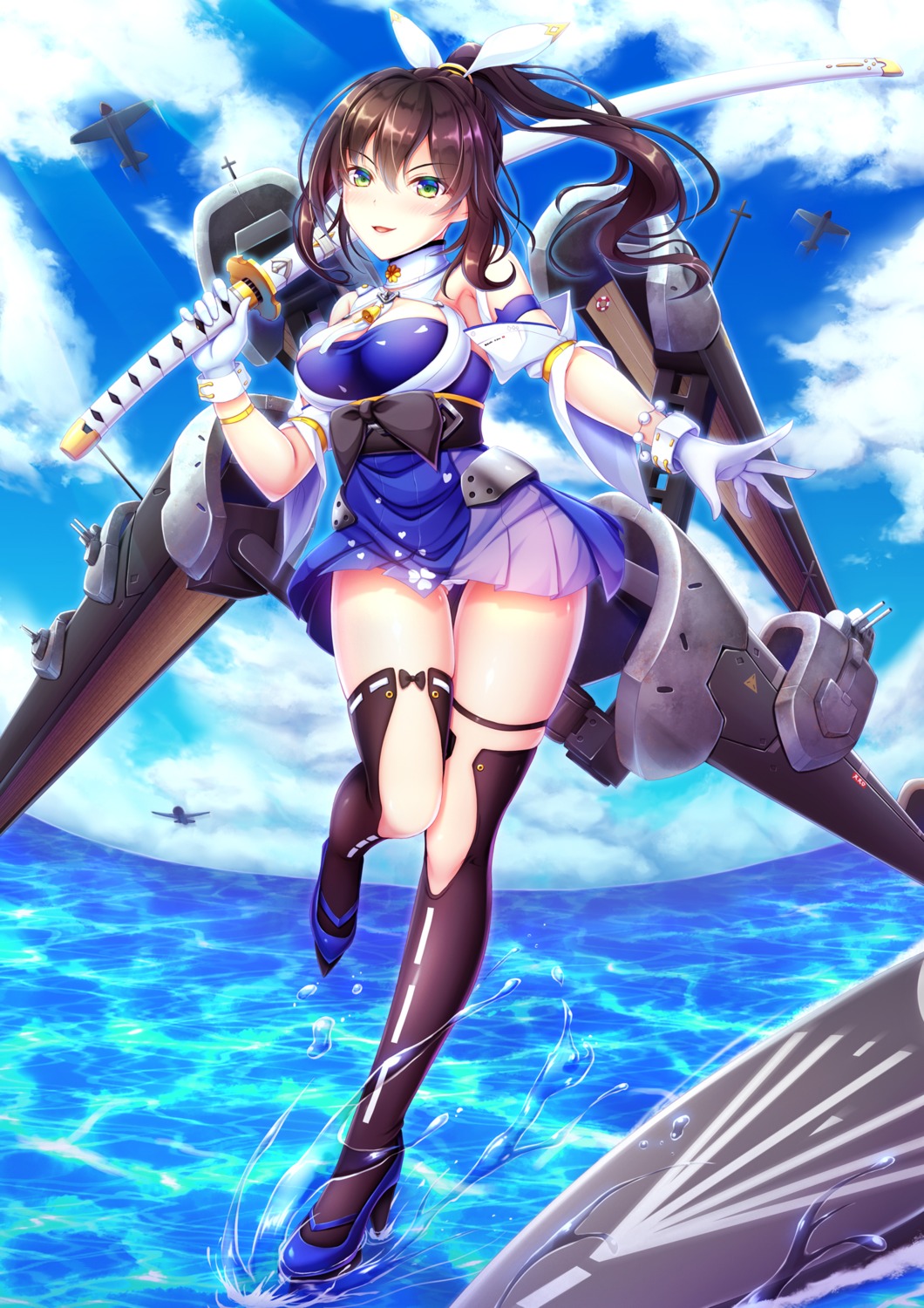 blue_oath garter heels hiro_(725611) kaga_(blue_oath) pantsu skirt_lift sword thighhighs wet