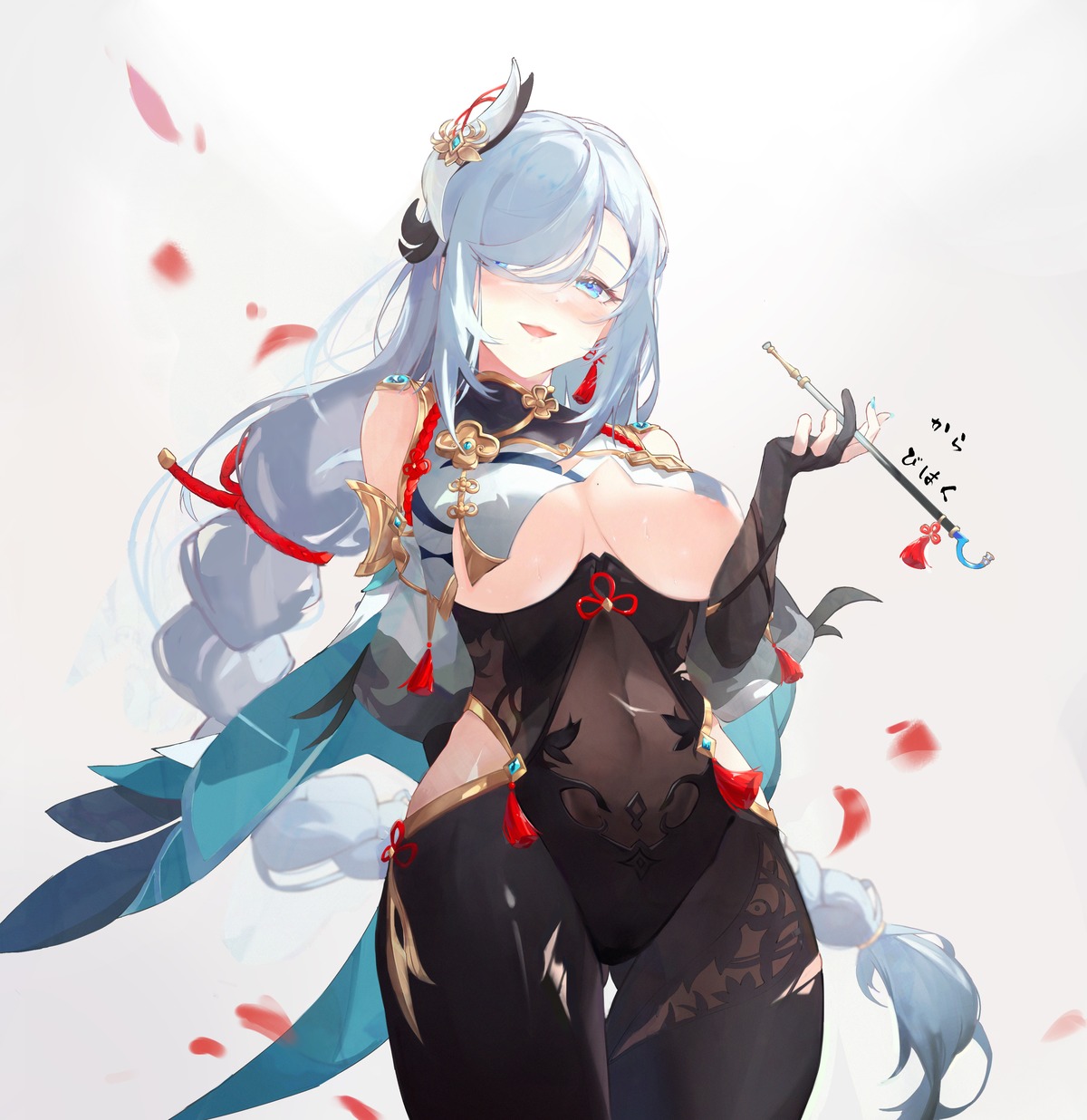 asian_clothes bodysuit genshin_impact mei_bai nipple_slip no_bra shenhe torn_clothes