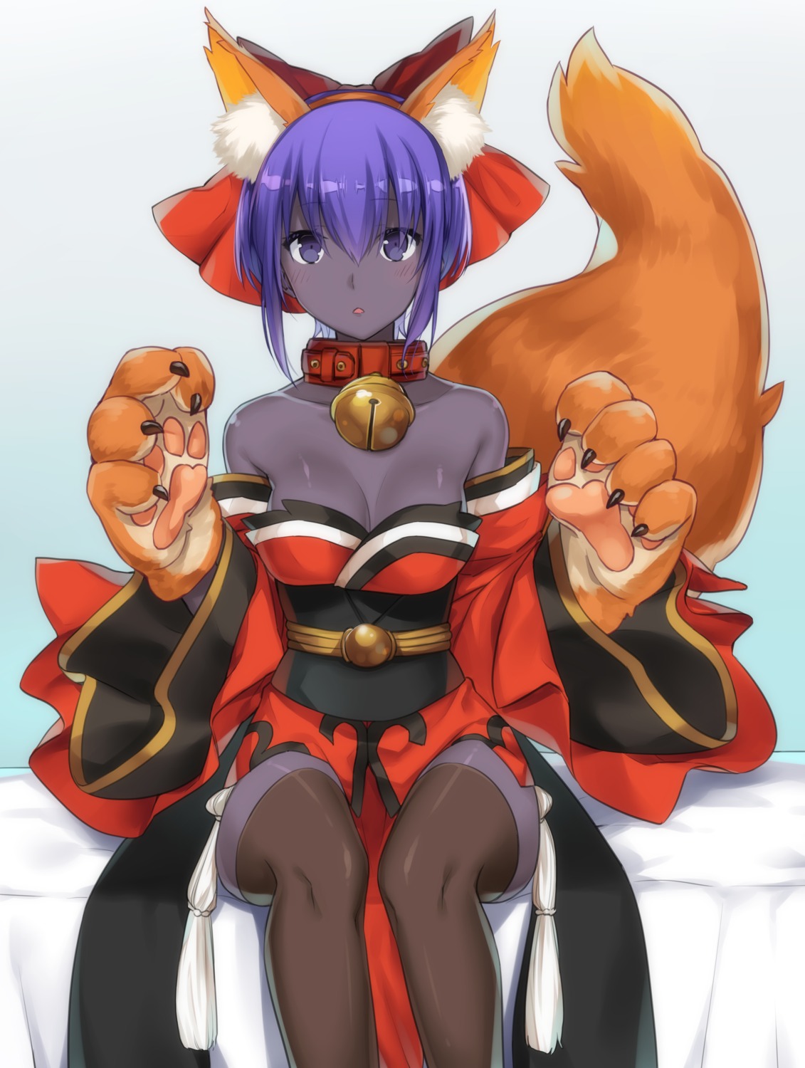 animal_ears cleavage cosplay fate/grand_order hassan_of_serenity_(fate) japanese_clothes kitsune ouhina tail tamamo_cat thighhighs
