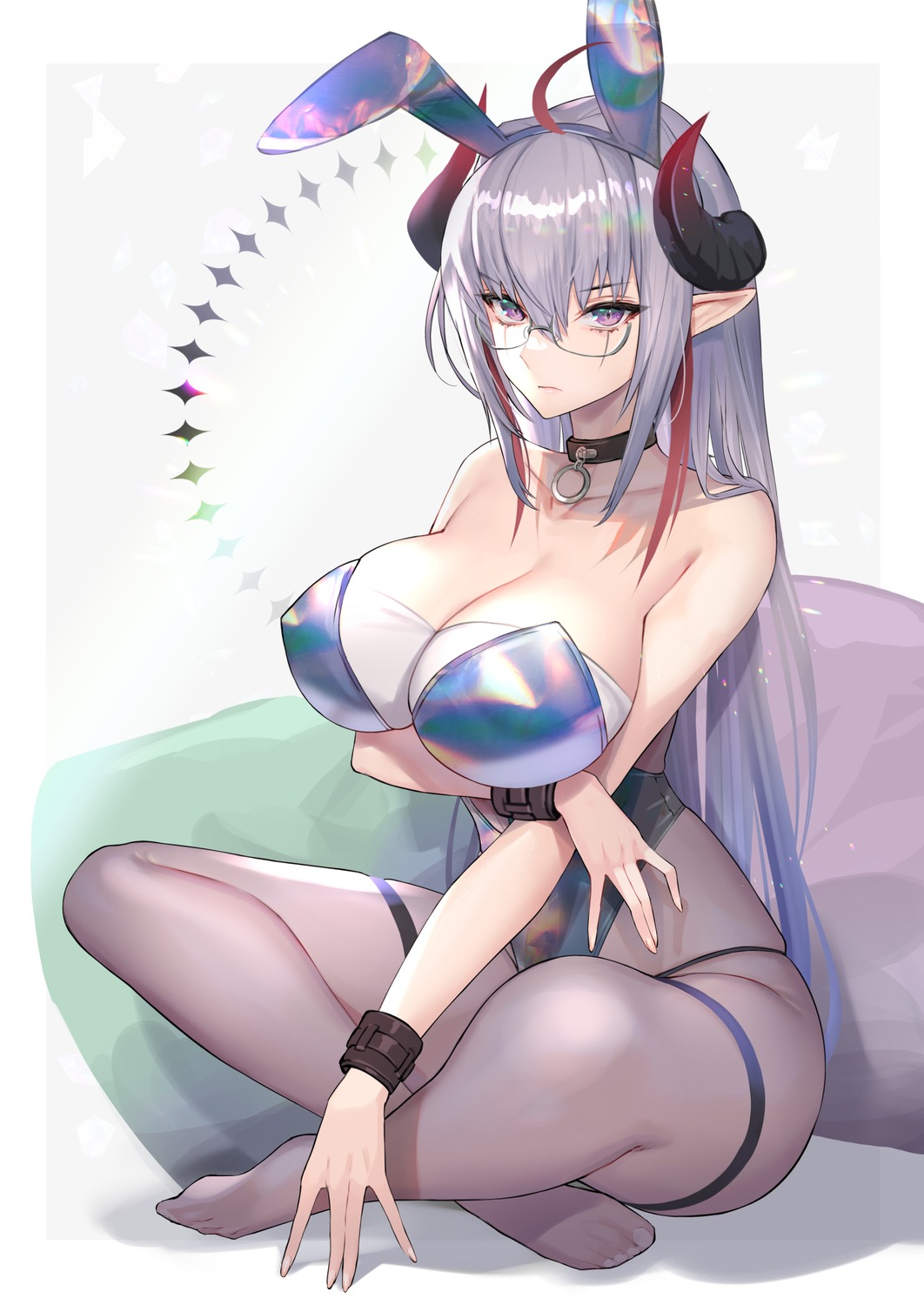 animal_ears bunny_ears bunny_girl hitowa horns megane no_bra pantyhose pointy_ears