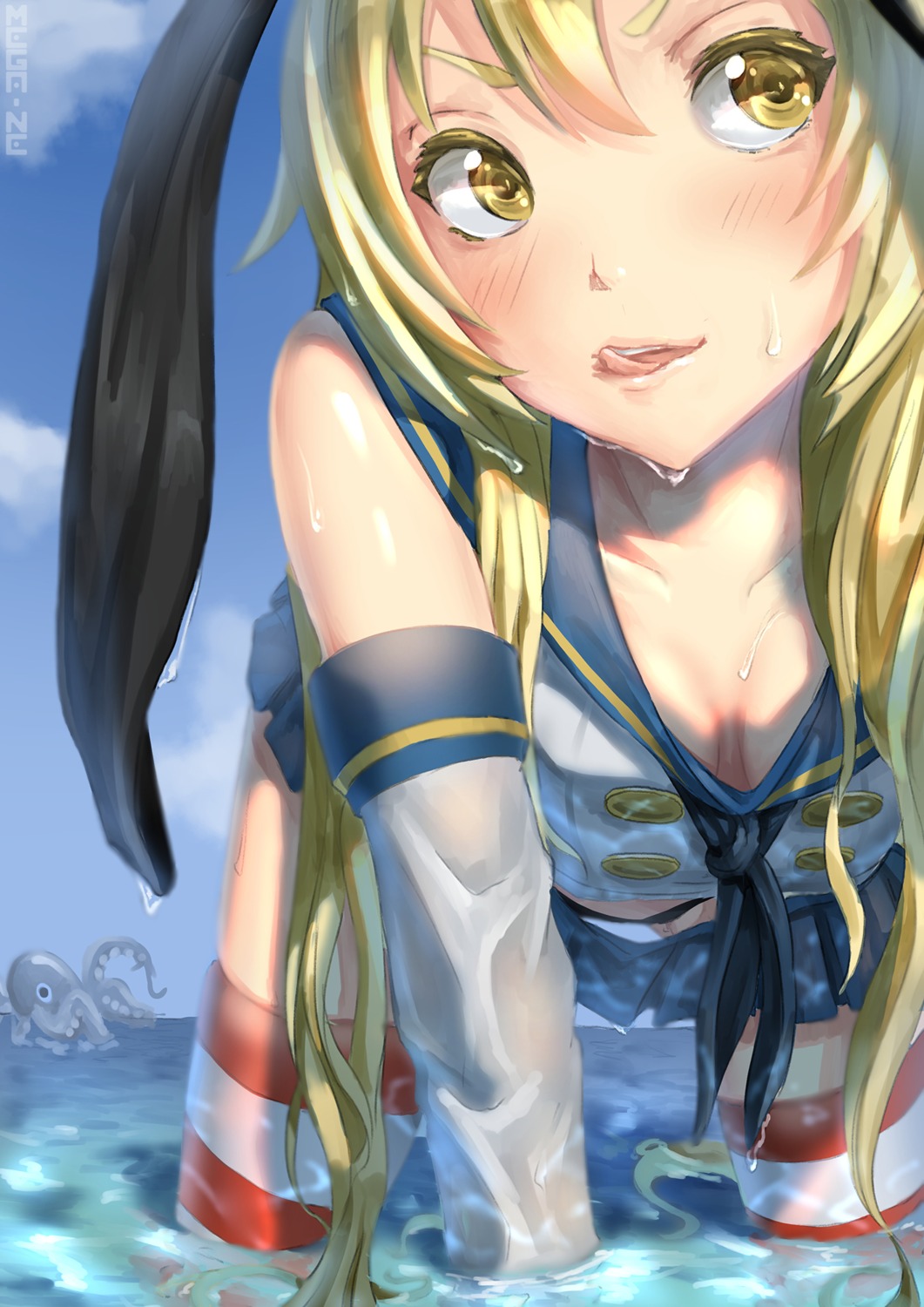 cleavage kantai_collection mega-ne shimakaze_(kancolle) thighhighs thong wet wet_clothes
