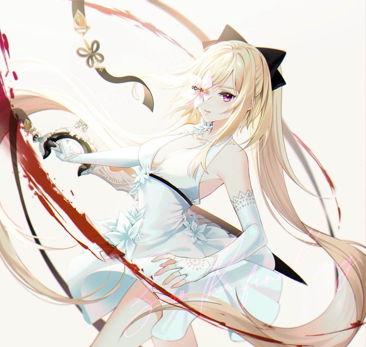 blood dress eyepatch kiwi_(pixiv6429539) no_bra skirt_lift sword