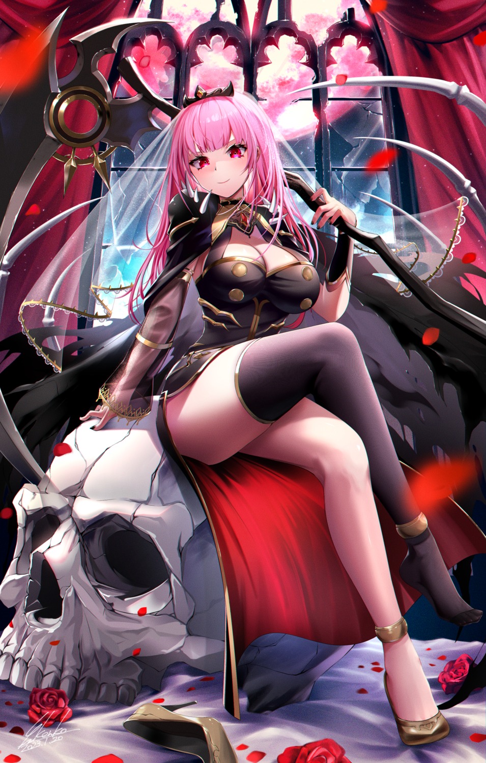 hololive hololive_english kenko_(a143016) mori_calliope no_bra see_through thighhighs torn_clothes weapon