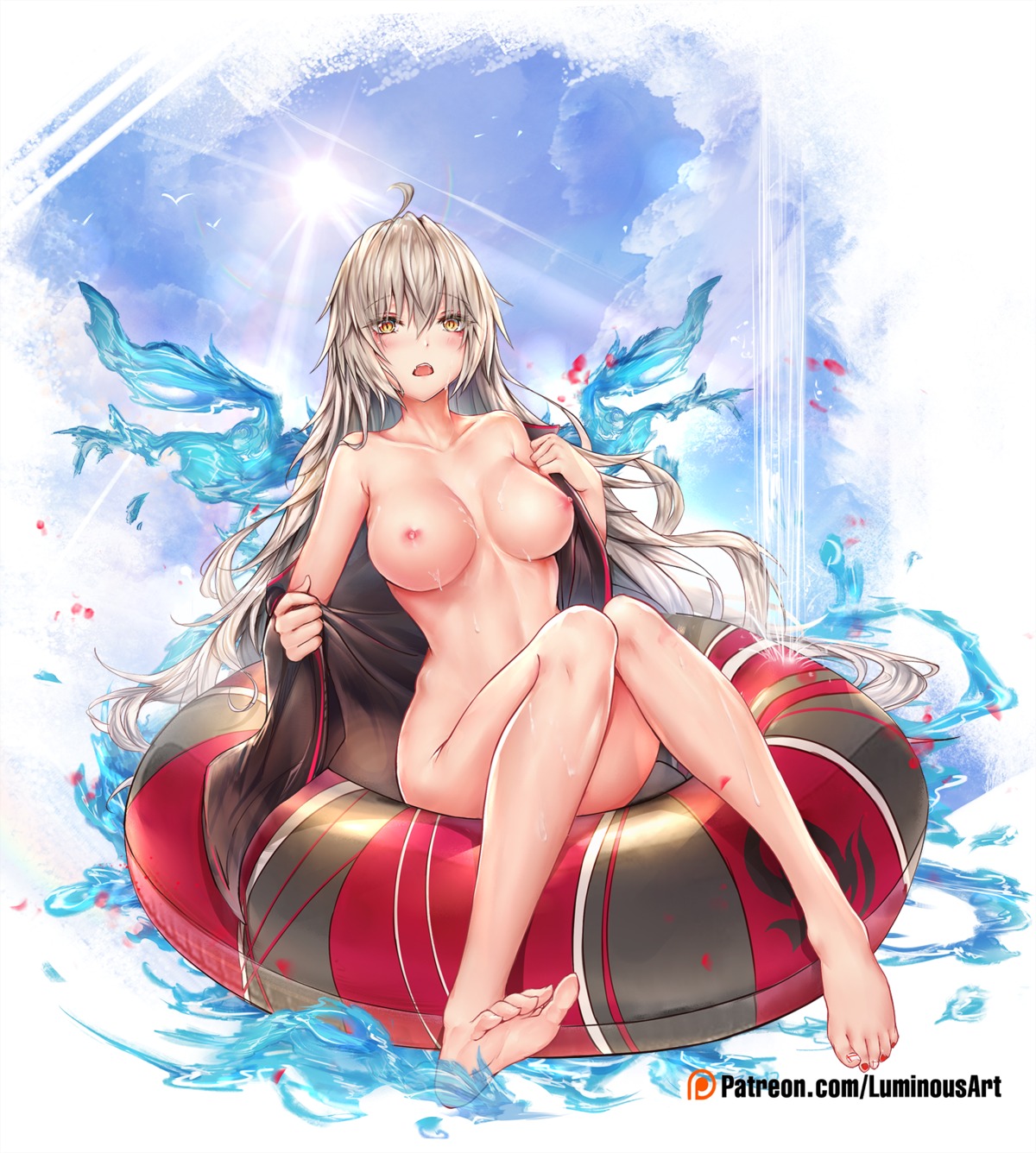 bottomless breasts fate/grand_order jeanne_d'arc jeanne_d'arc_(alter)_(fate) luminous nipples no_bra open_shirt undressing wet