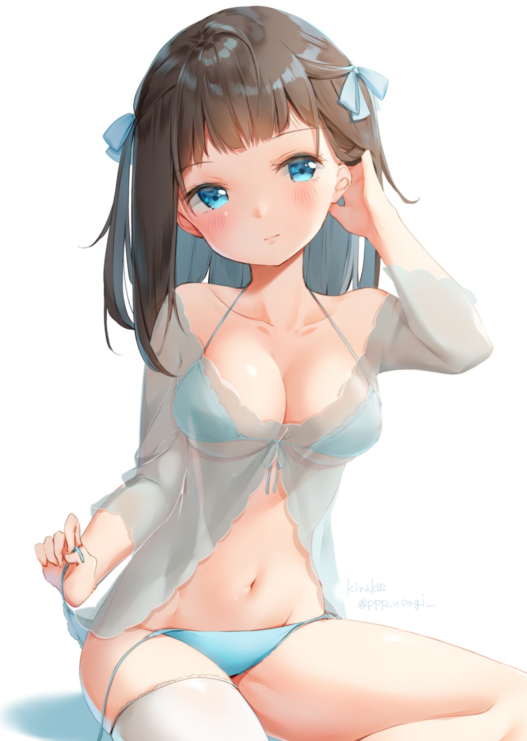 bikini kinako_(shiratama_mochi) panty_pull see_through swimsuits thighhighs undressing