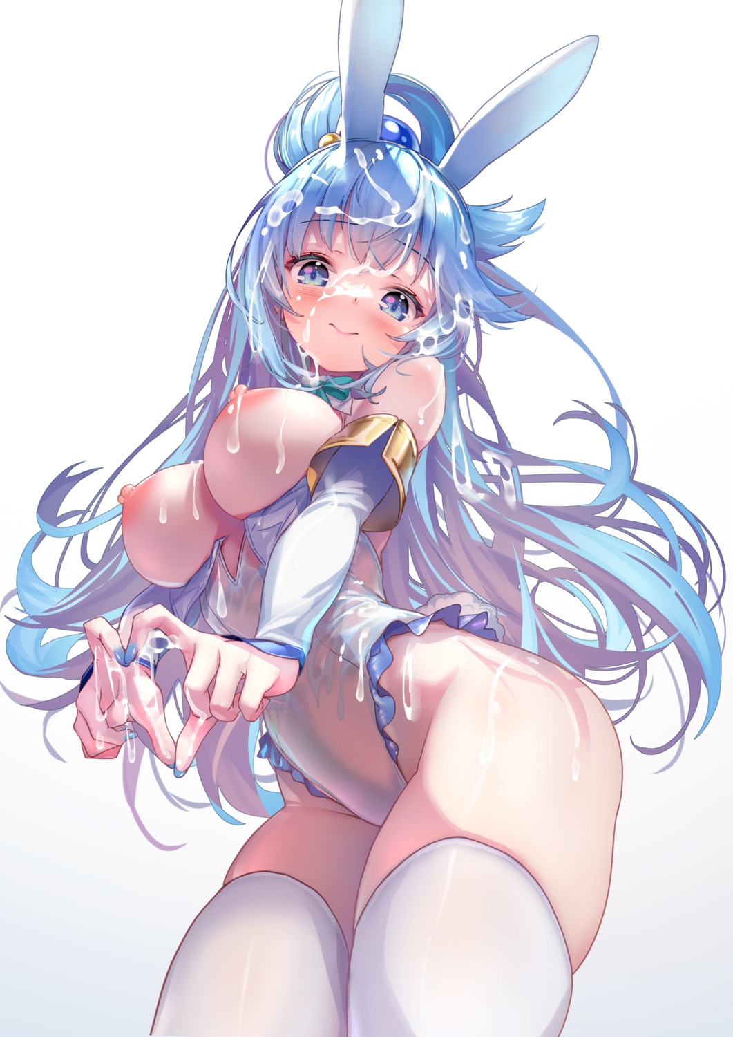 animal_ears aqua_(konosuba) breasts bunny_ears bunny_girl cum hong_(white_spider) kono_subarashii_sekai_ni_shukufuku_wo! nipples no_bra see_through tail thighhighs