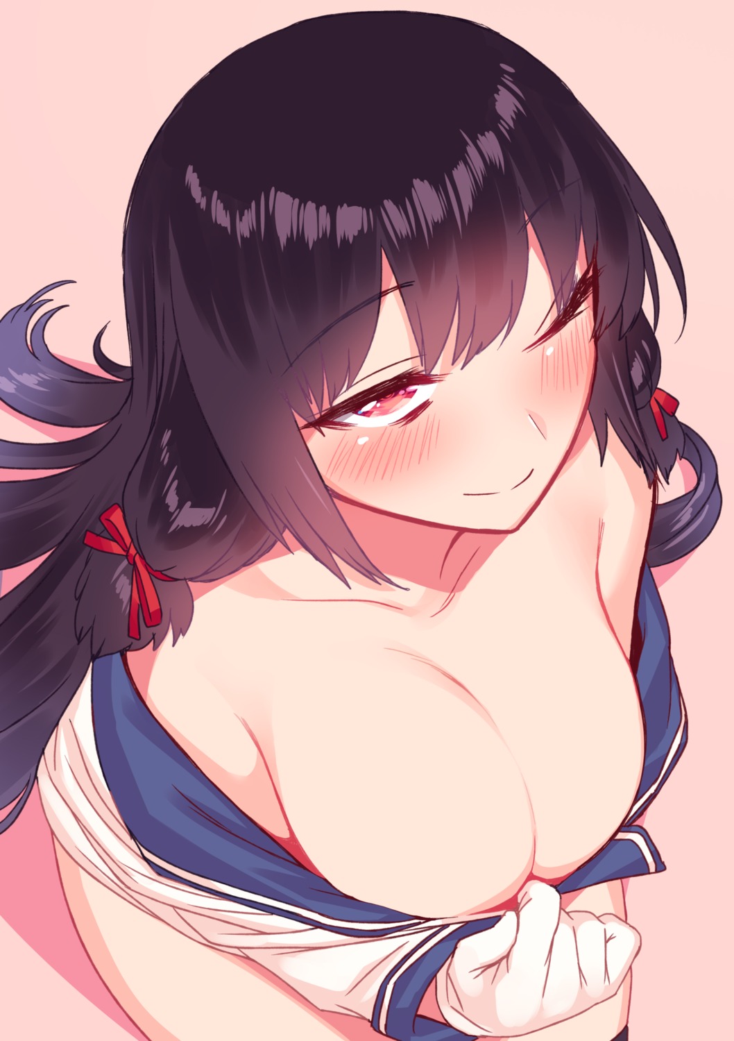 blew_andwhite cleavage isokaze_(kancolle) kantai_collection no_bra open_shirt seifuku