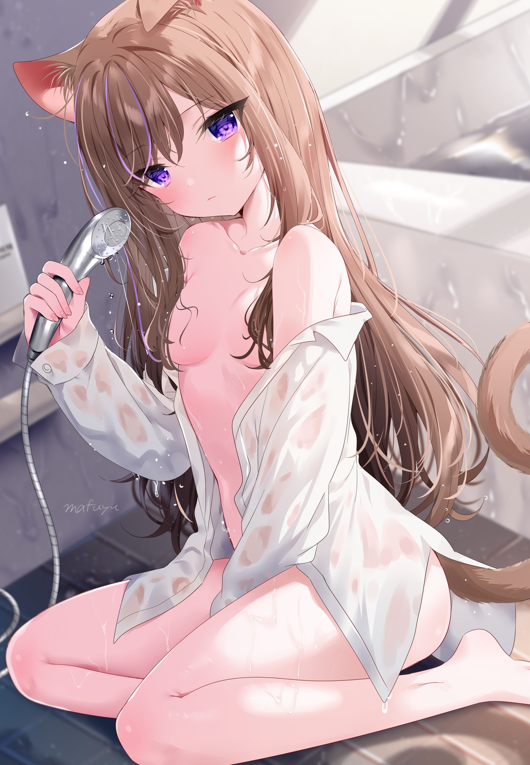 animal_ears bottomless breasts dress_shirt leo mafuyu_(chibi21) nekomimi no_bra see_through tail wet wet_clothes