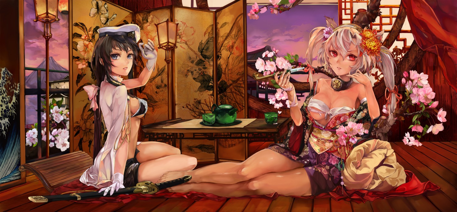 bra breasts female_admiral_(kancolle) japanese_clothes kantai_collection musashi_(kancolle) open_shirt poyan_noken sarashi smoking sword underboob uniform