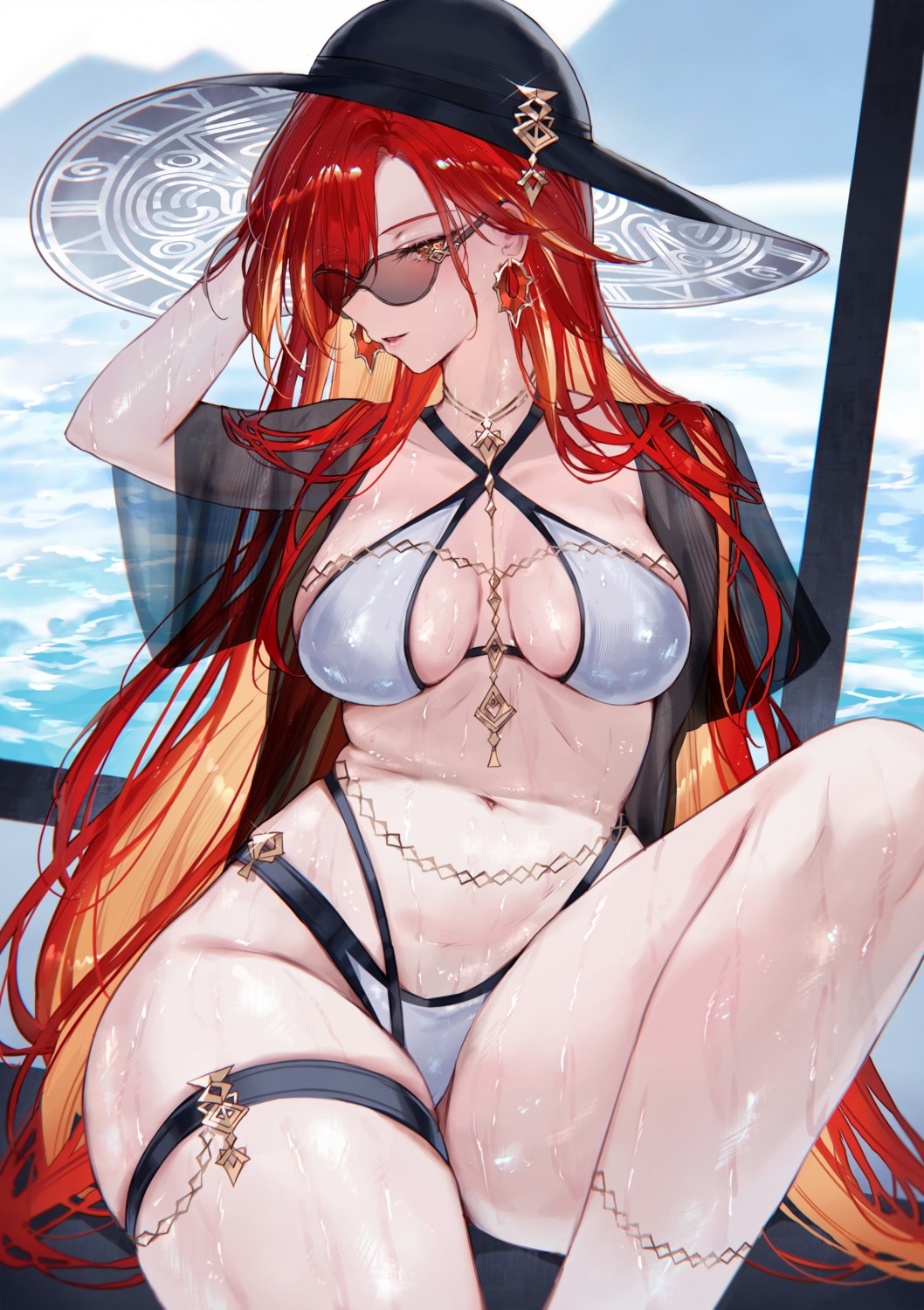 bikini garter genshin_impact mavuika megane open_shirt qiandaiyiyu see_through swimsuits wet