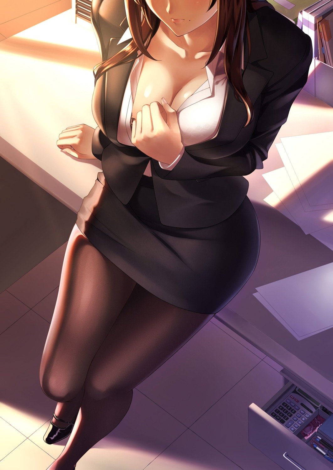 bra business_suit cleavage open_shirt pantyhose toumin
