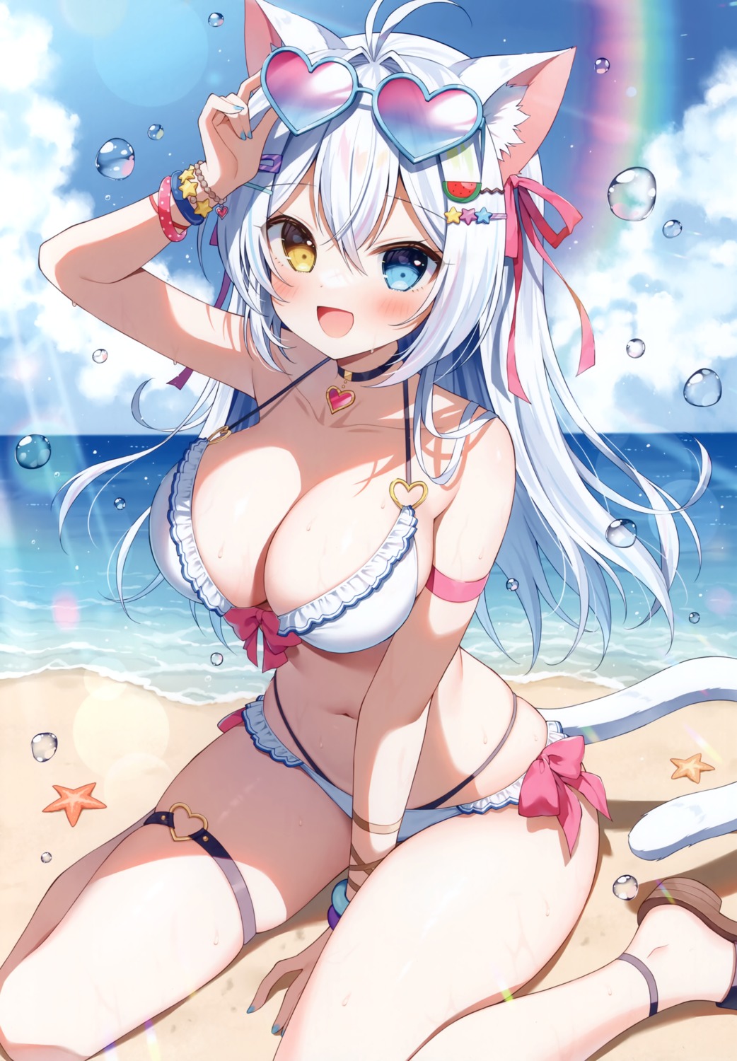 aina_rive animal_ears bikini garter heterochromia mauve megane nekomimi swimsuits tail wata★punch wet