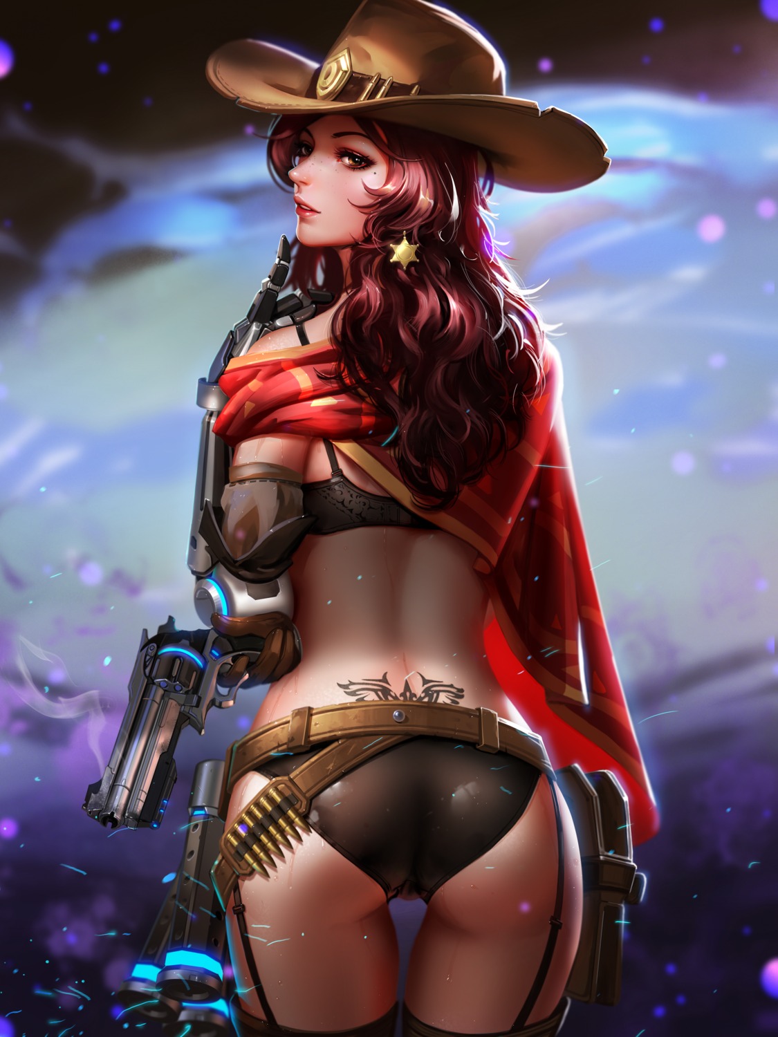 ass bra genderswap gun liang_xing mccree_(overwatch) mecha_musume overwatch pantsu stockings tattoo thighhighs wet