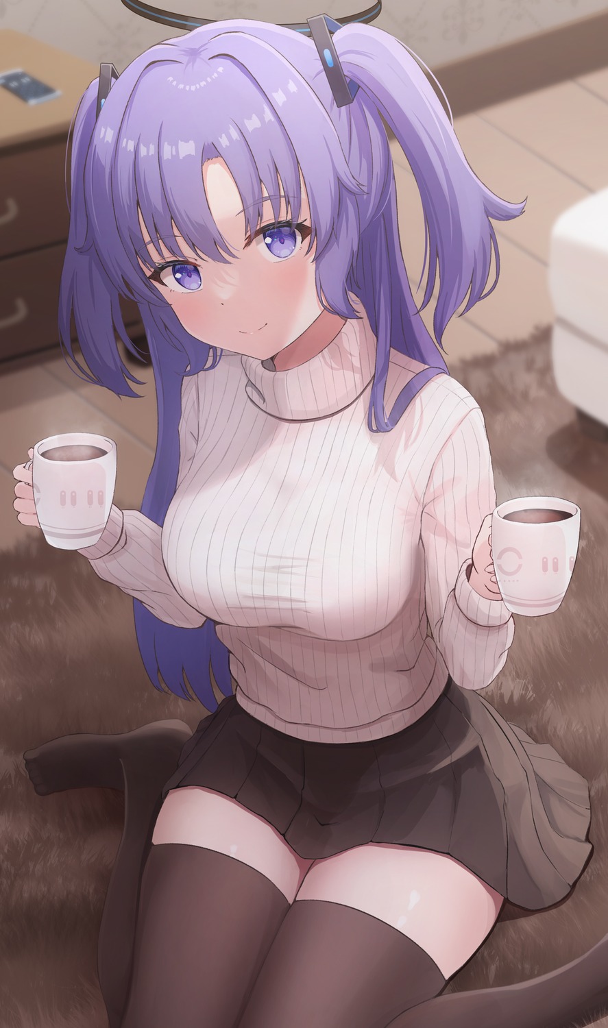 blue_archive halo hayase_yuuka hikkyou sweater thighhighs