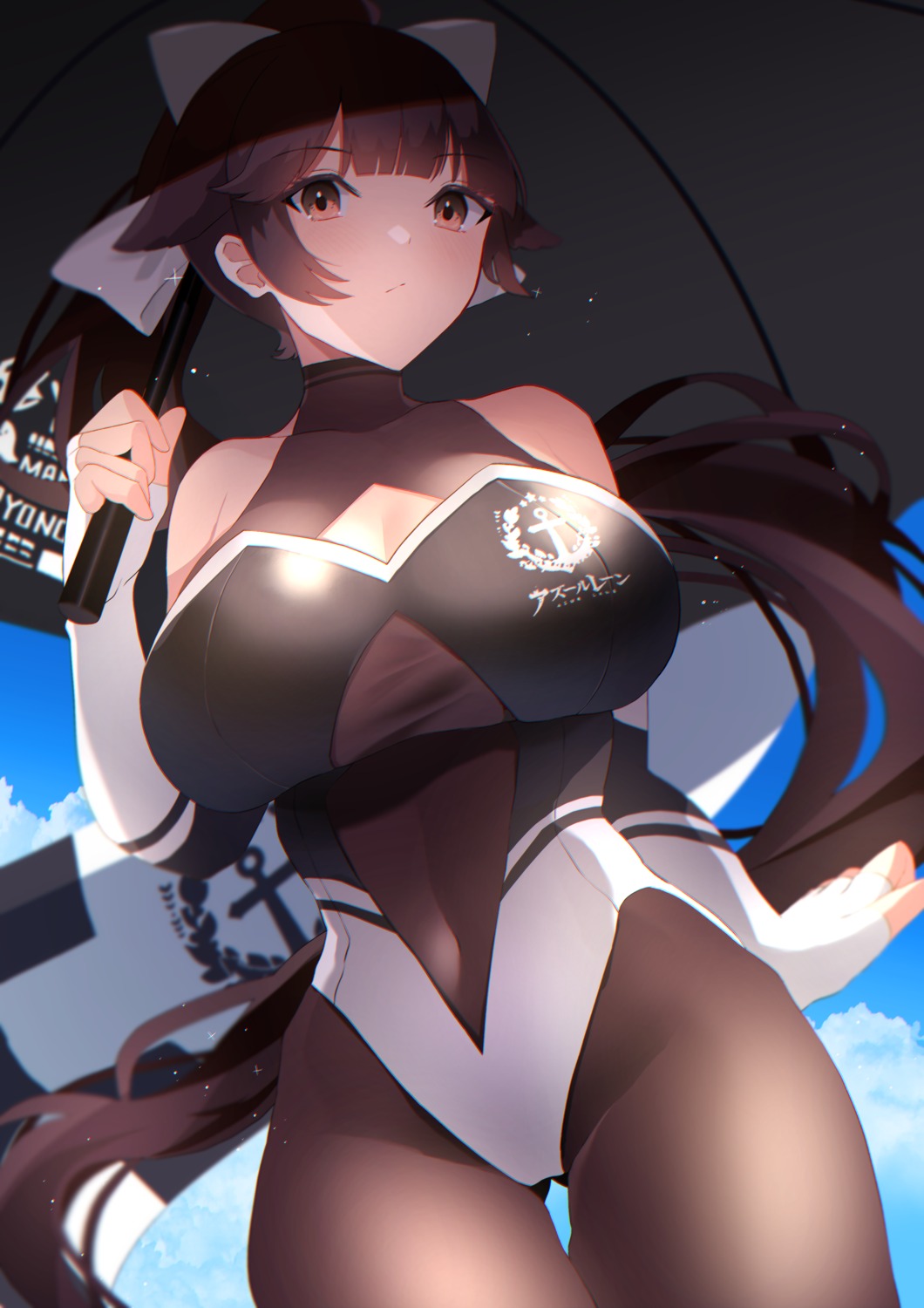 azur_lane bodysuit cleavage takao_(azur_lane) umbrella yamaha_tsui