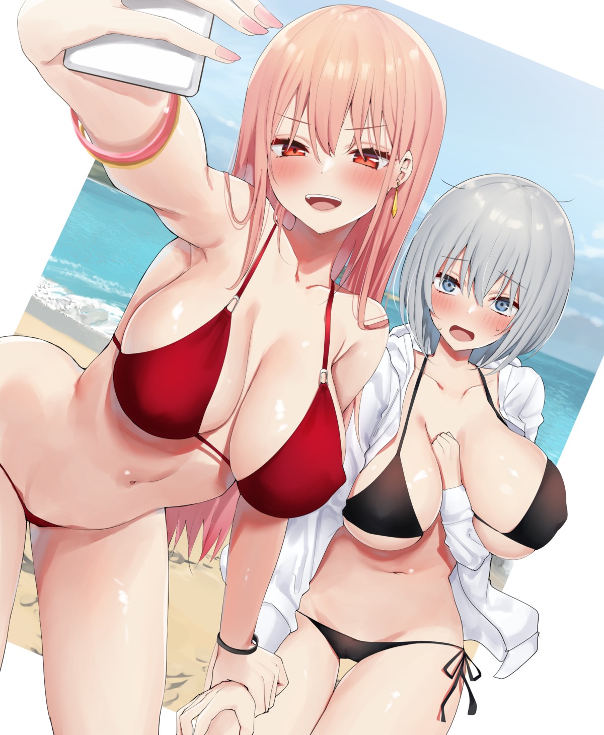 bikini cameltoe erect_nipples open_shirt piripun selfie swimsuits yuri