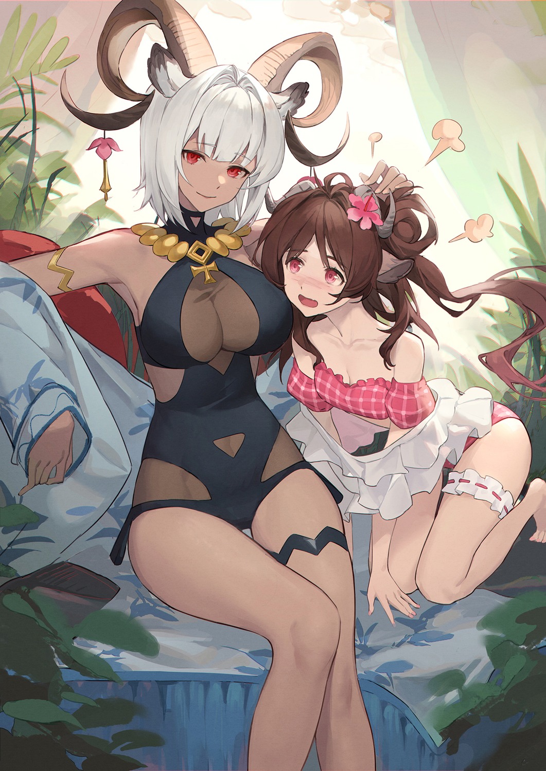 animal_ears arknights bikini carnelian_(arknights) eyjafjalla_(arknights) garter haocong33 horns see_through swimsuits