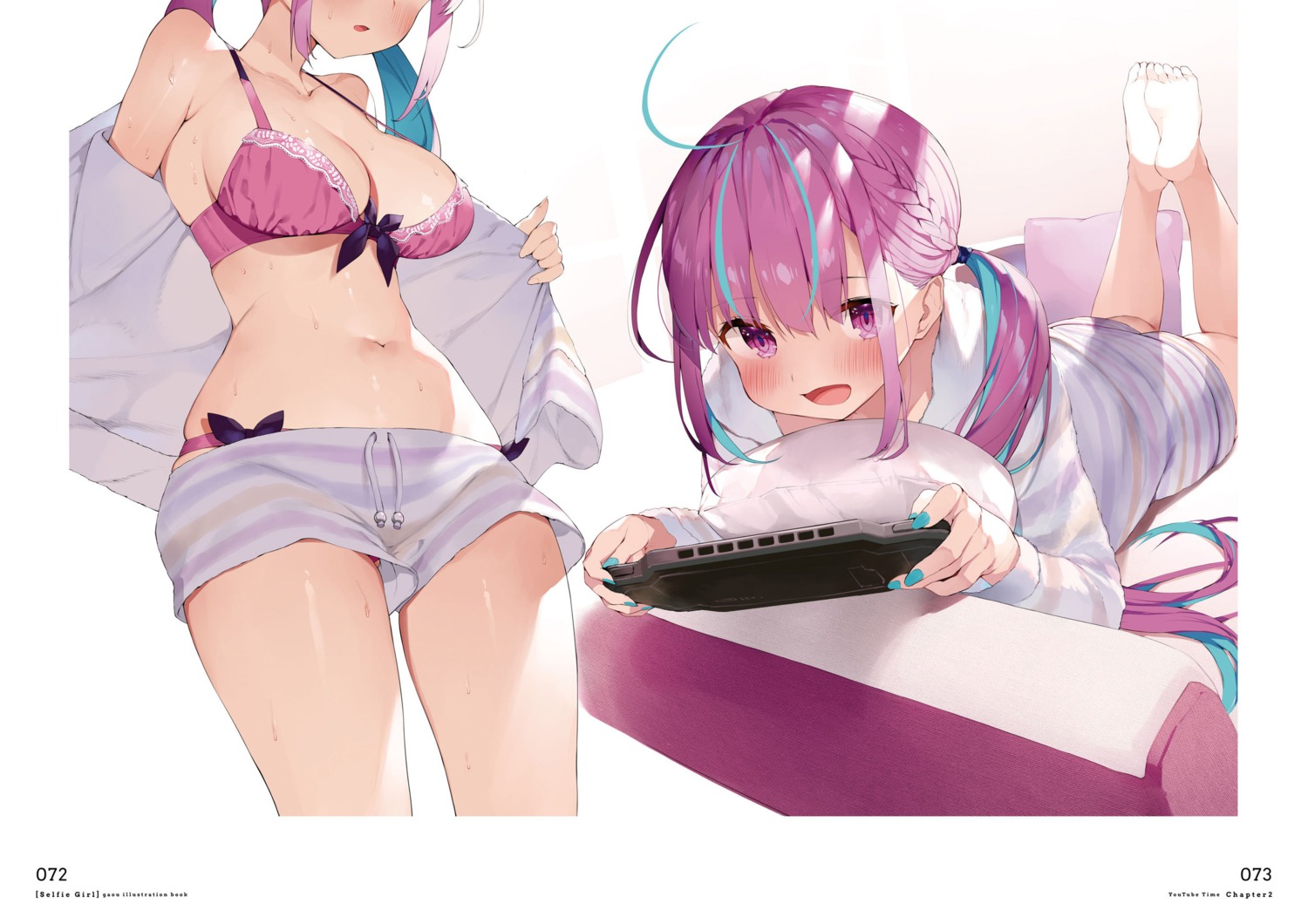 bra feet gaou_(matsulatte) hololive minato_aqua open_shirt pajama pantsu undressing wet