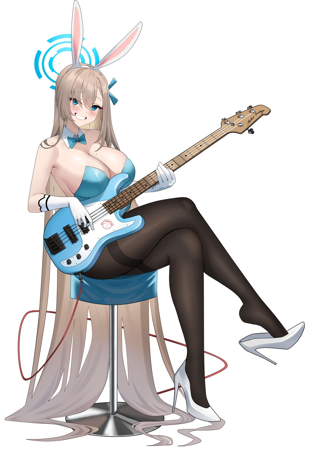 animal_ears blue_archive bunny_ears bunny_girl fujioni guitar halo heels ichinose_asuna no_bra pantyhose