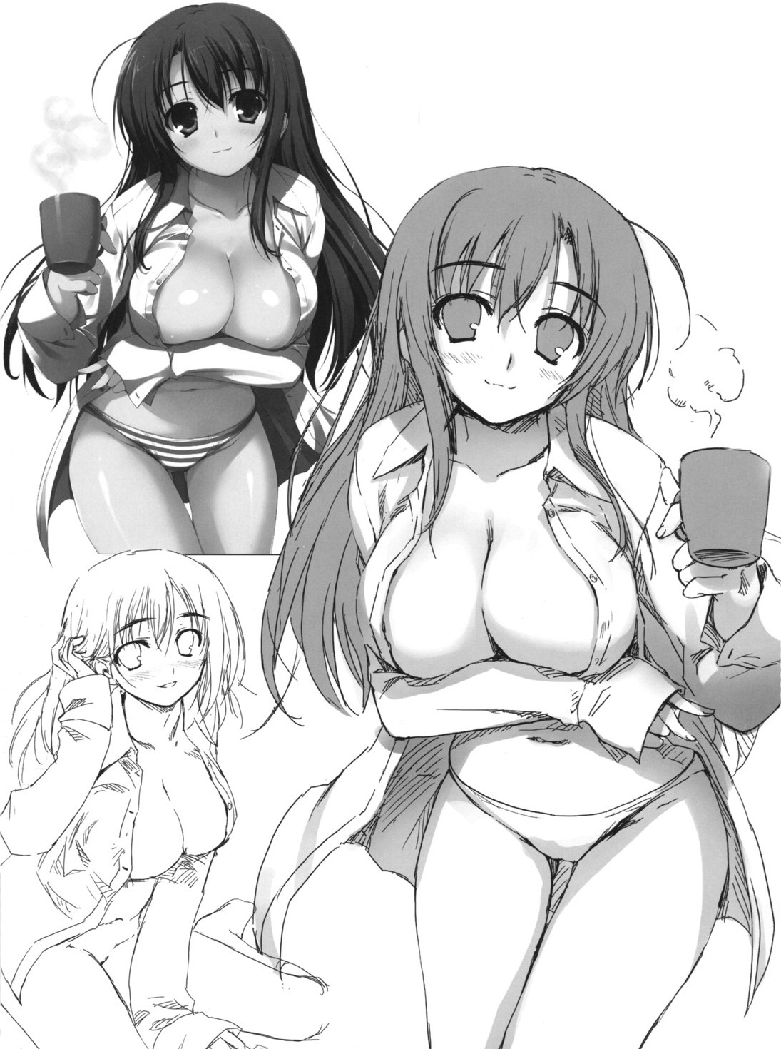 breast_hold cleavage detexted monochrome mugenkidou no_bra open_shirt pantsu sketch tomose_shunsaku