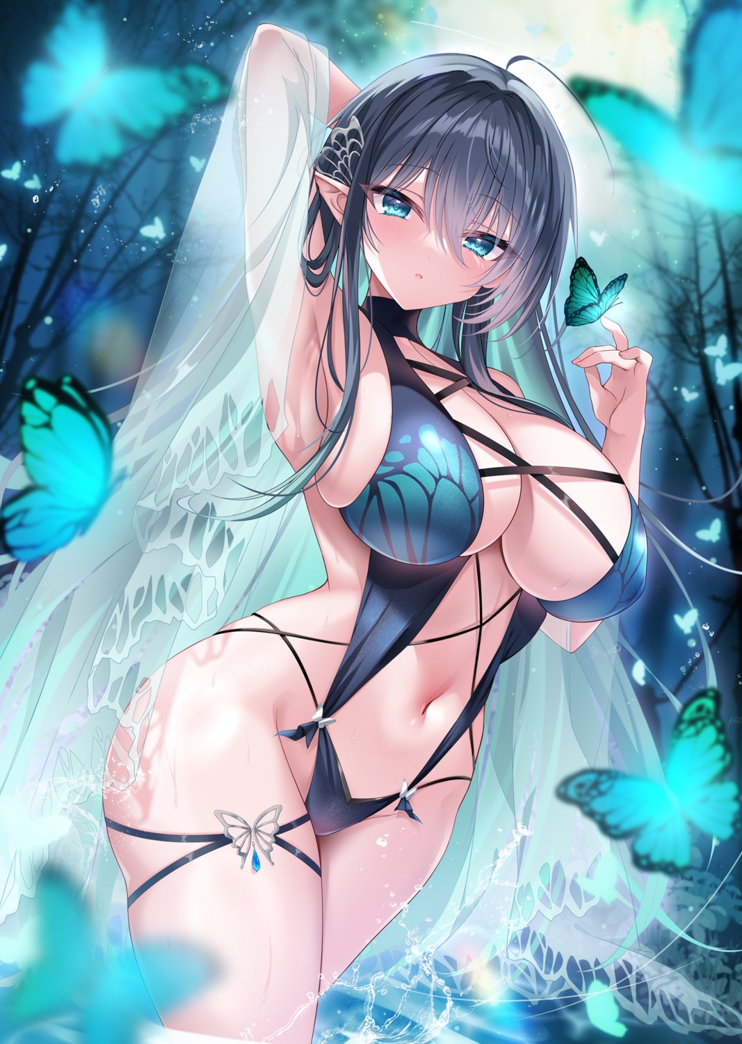 akatsuki_(aktk511) elf garter pointy_ears see_through swimsuits wet