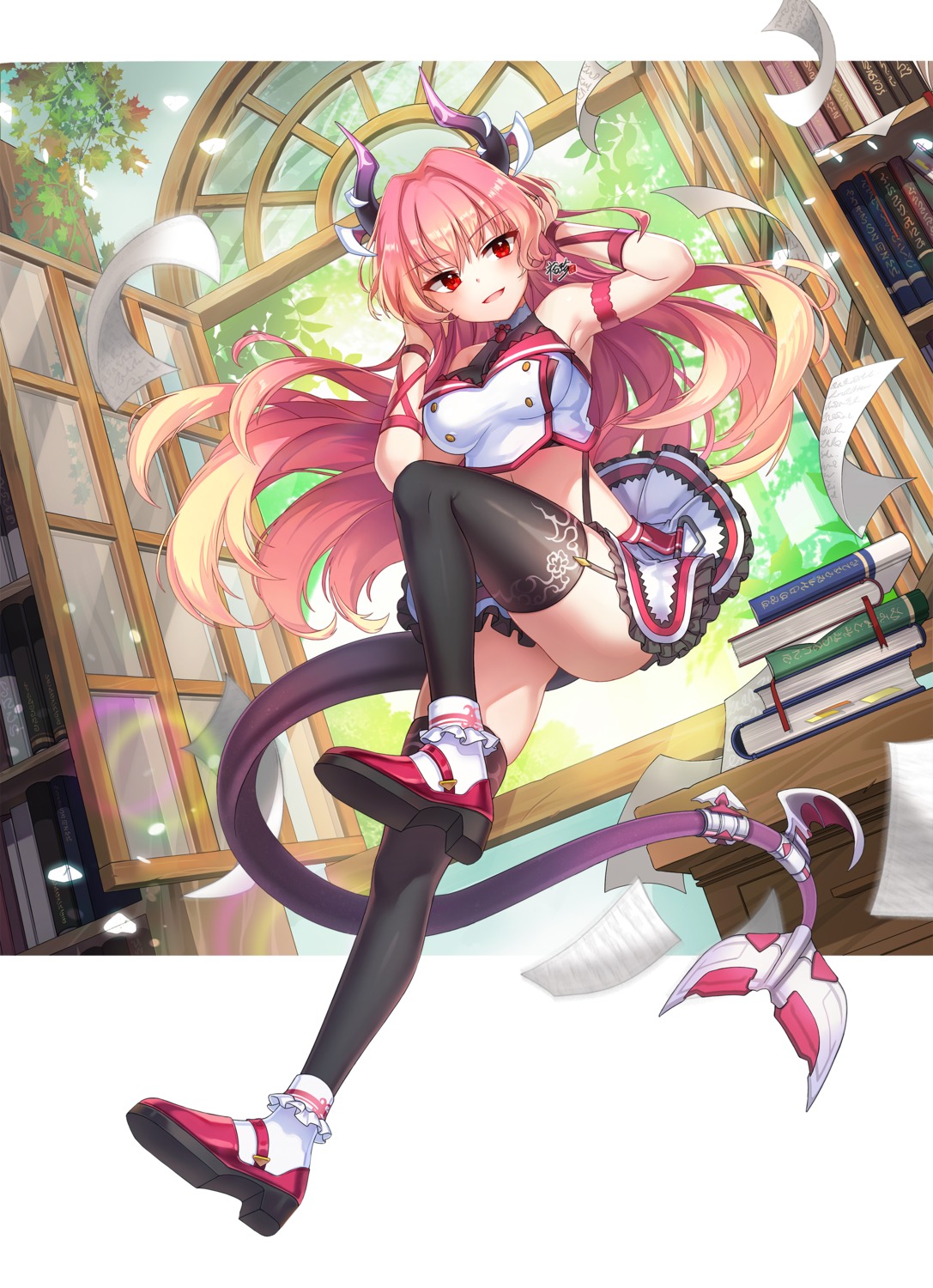 heels horns kyjsogom skirt_lift stockings tail thighhighs