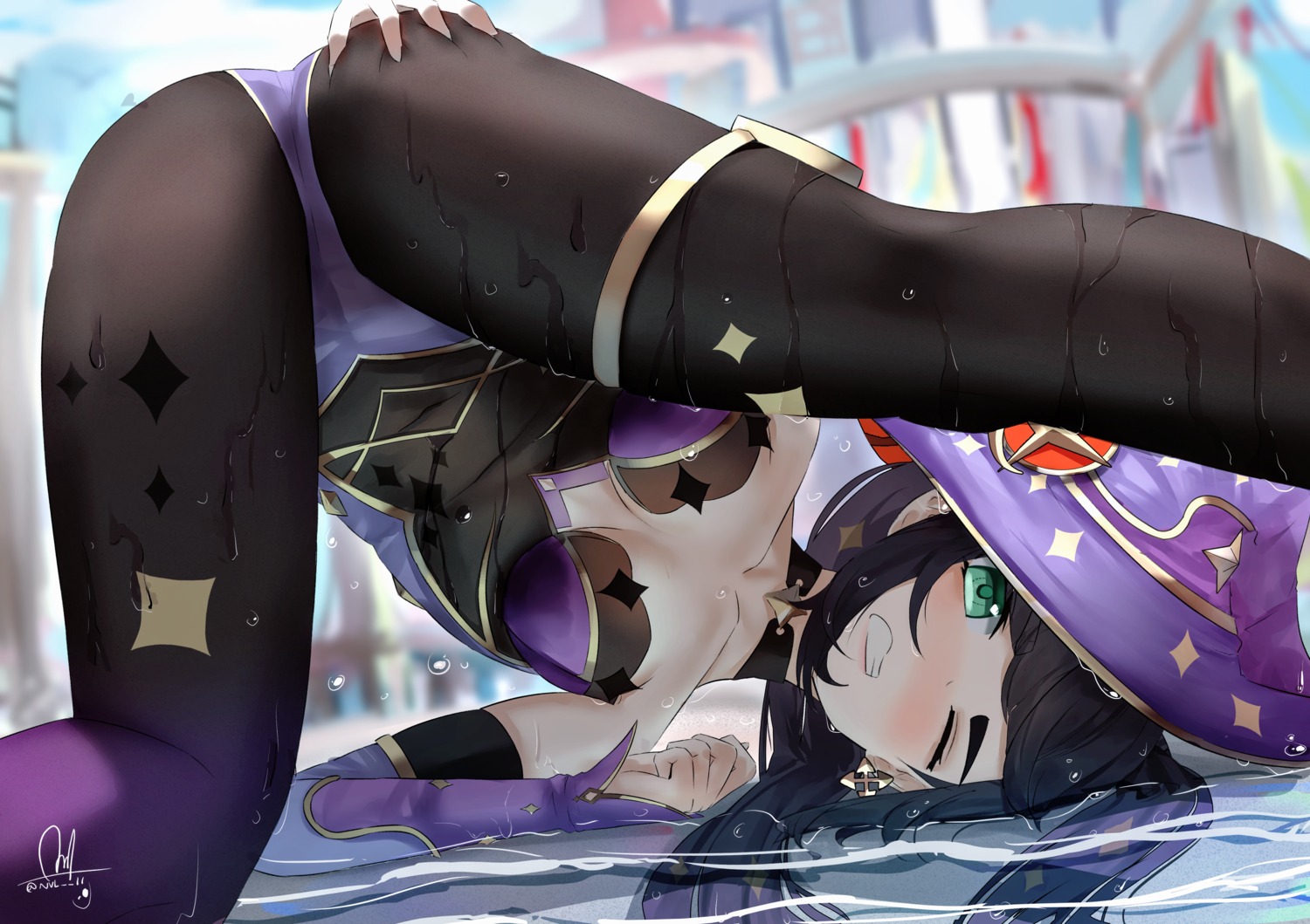 garter genshin_impact leotard mona_megistus no_bra nvl pantyhose wet witch