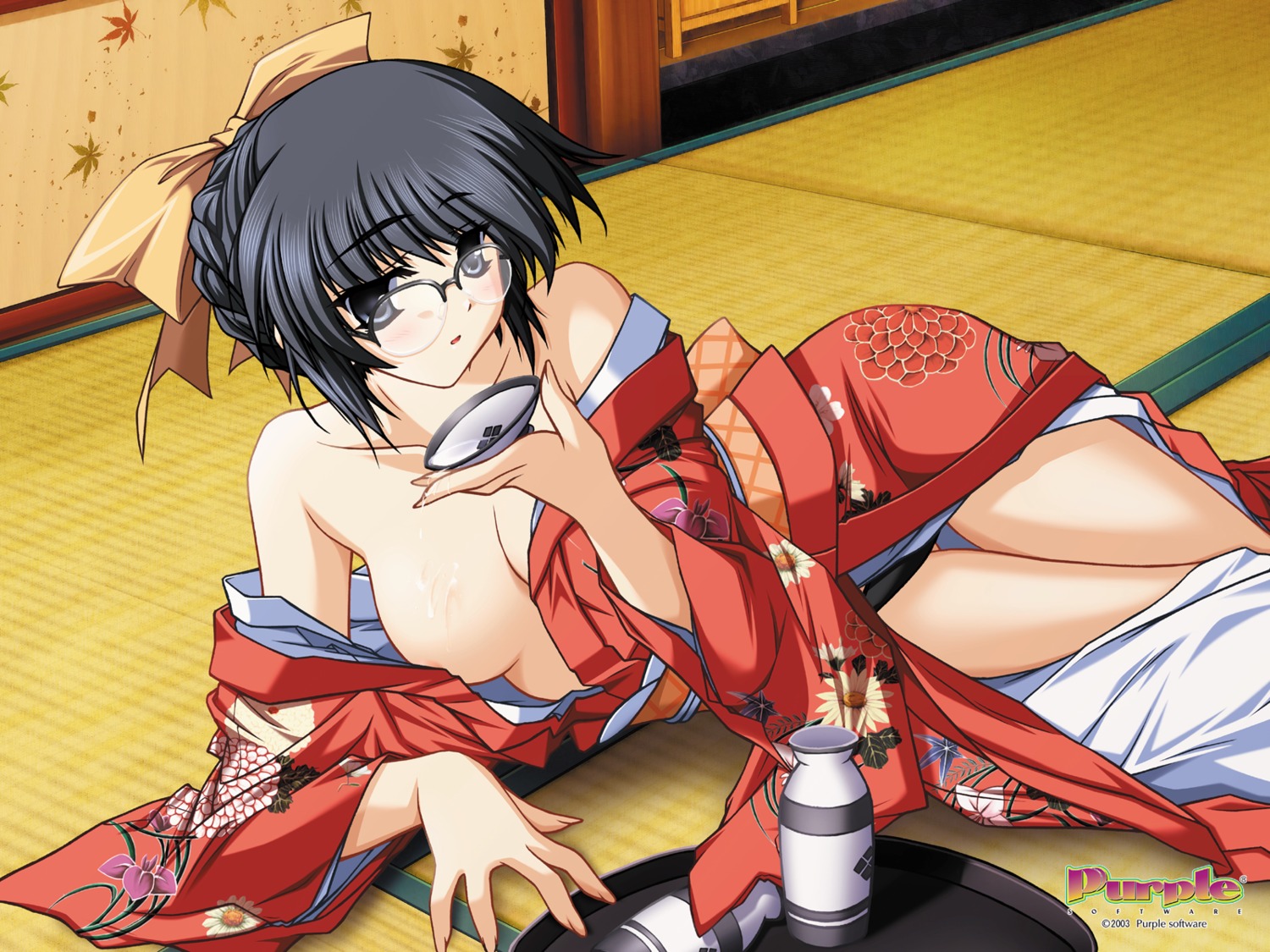 hiiragi_nagisa kimono megane natsuiro_komachi no_bra open_shirt purple_software tsukimori_hiro wallpaper