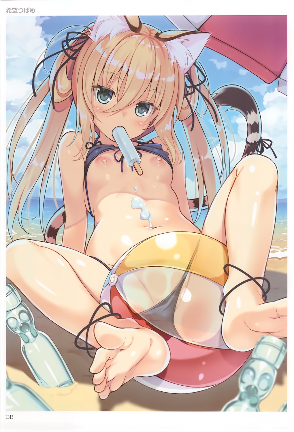 animal_ears bikini breasts cream feet nipples nozomi_tsubame panty_pull swimsuits tail toranoana