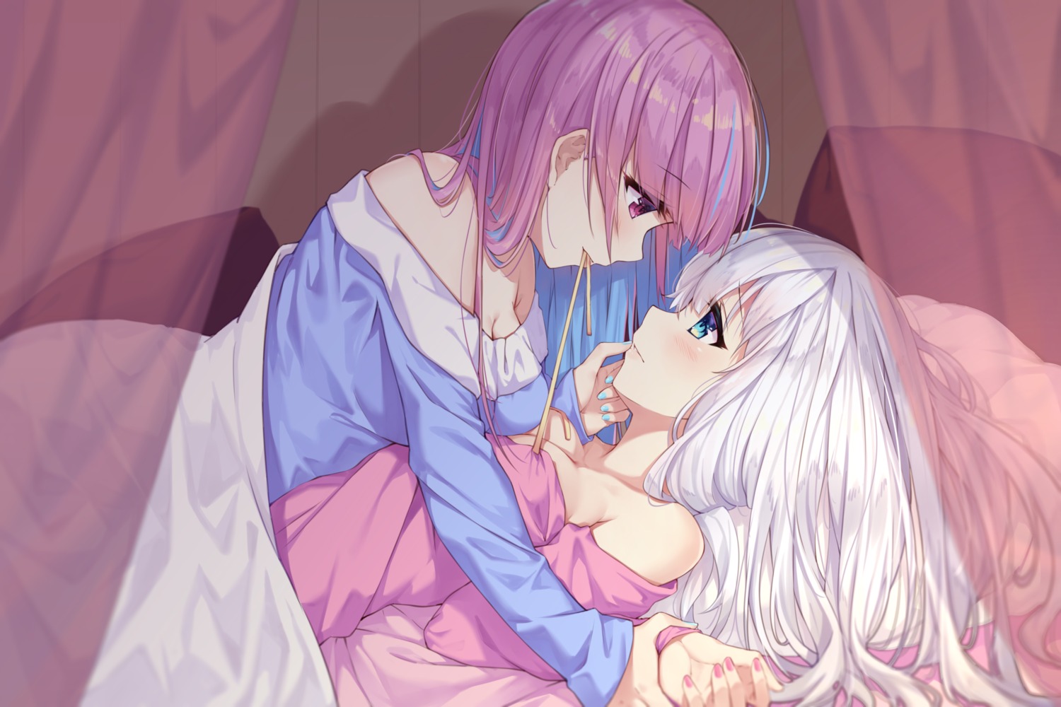 cleavage crossover hololive kagura_mea kagura_mea_channel minato_aqua neps-l open_shirt pajama sheets yuri