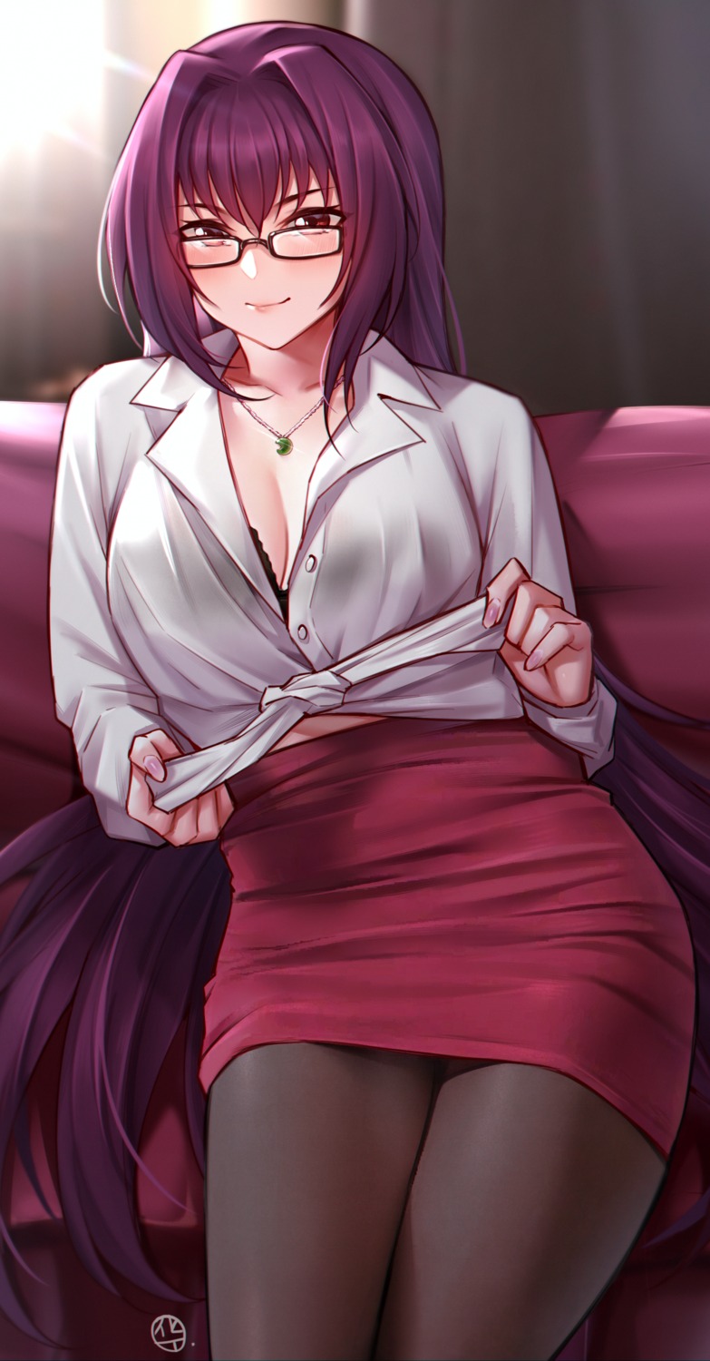 bra dress_shirt fate/grand_order hua-j megane open_shirt scathach_(fate/grand_order) see_through