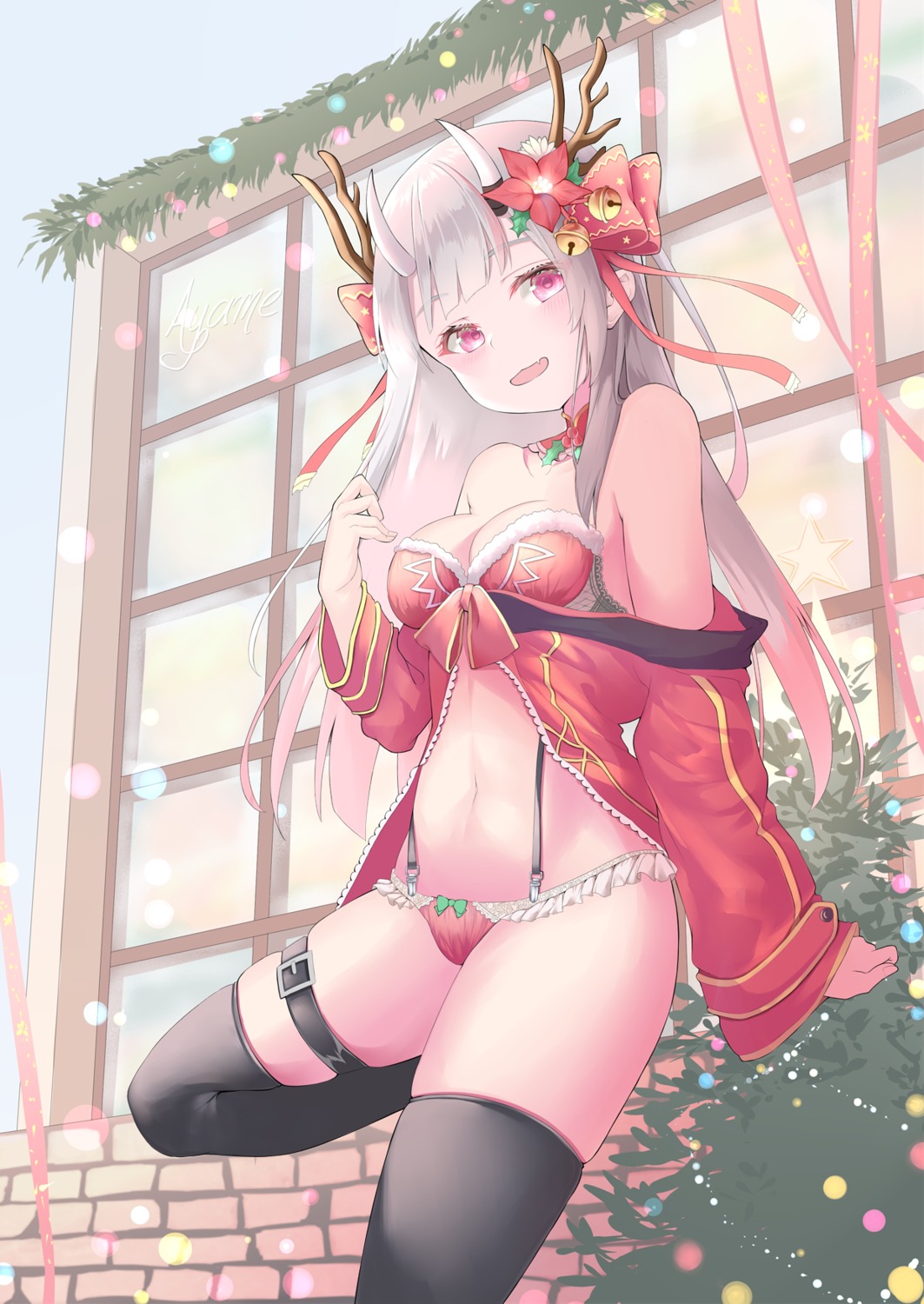 bra christmas garter haruki_3679 hololive horns nakiri_ayame open_shirt pantsu thighhighs