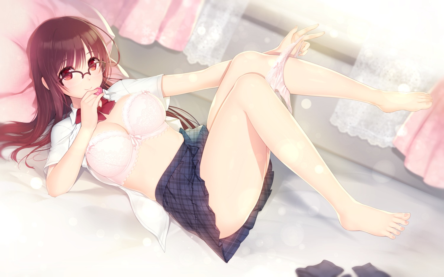 bra cleavage kashiwamochi_yomogi megane open_shirt pantsu panty_pull seifuku skirt_lift undressing